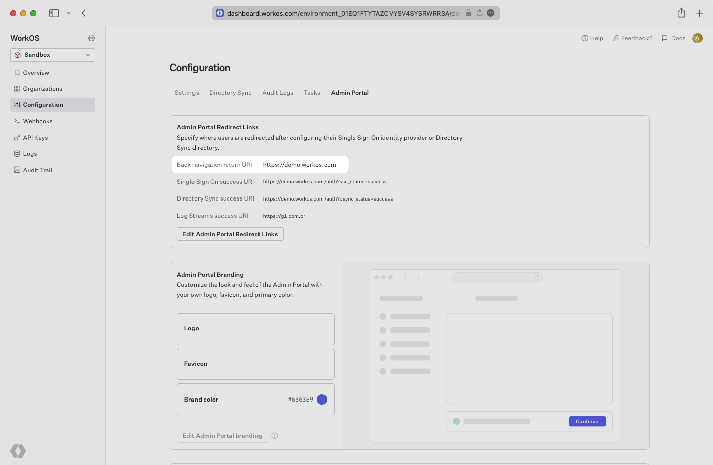 A screenshot showing the Admin Portal redirect URI in the WorkOS Dashboard.