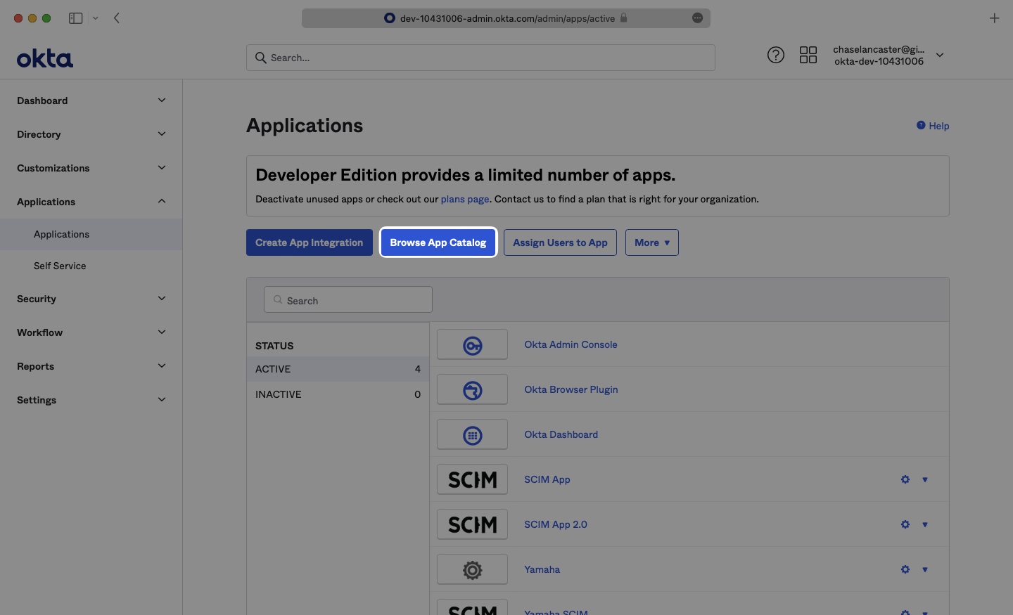 A screenshot showing where to select "Browse App Catalog" in Okta.