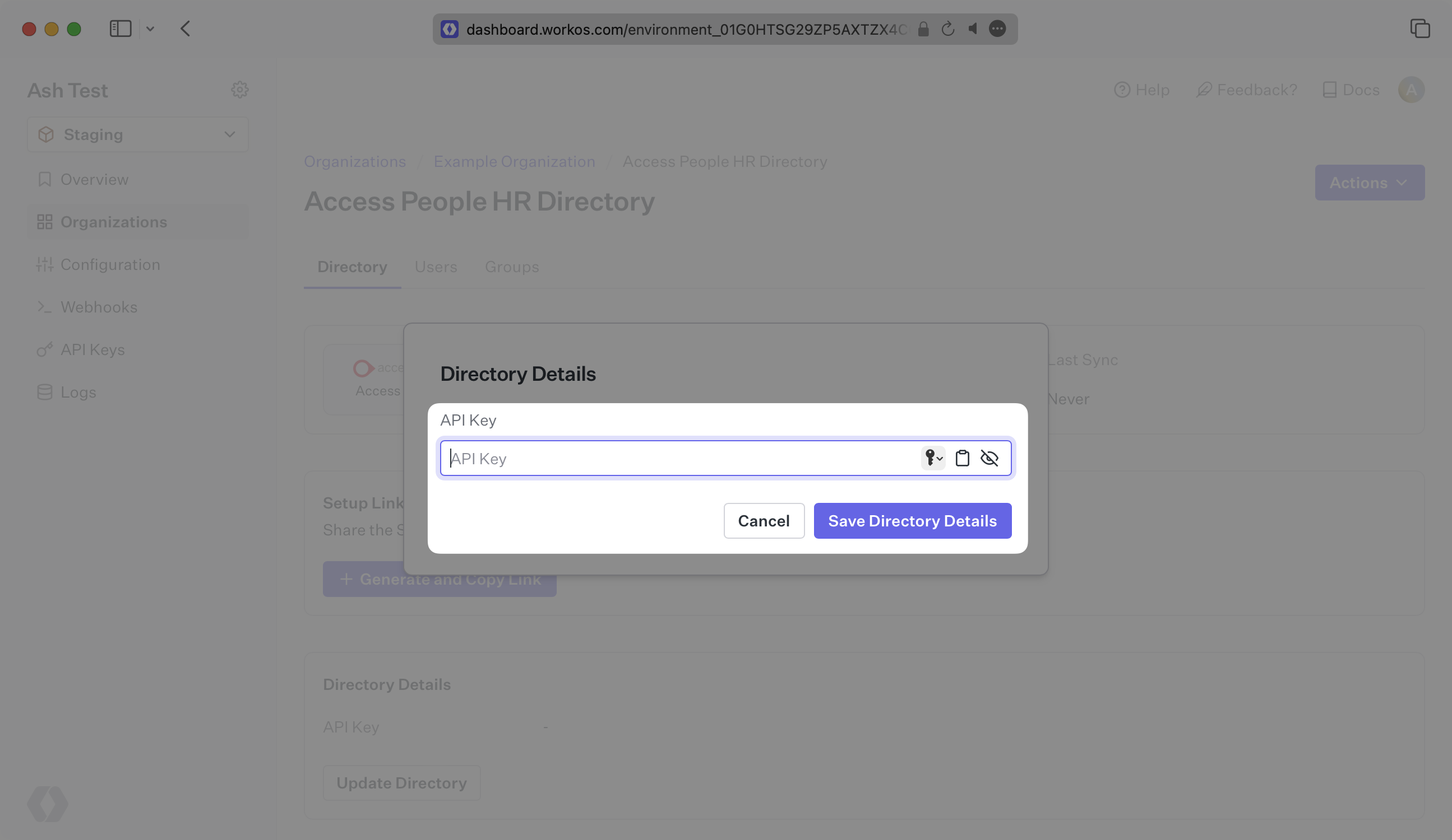 A screenshot showing where to enter your API Key in the WorkOS Dashboard.