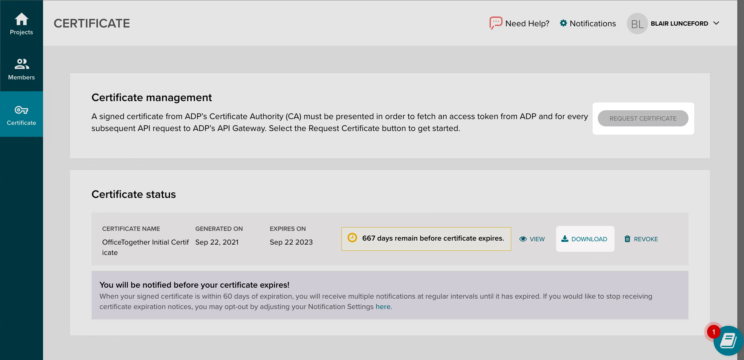 A screenshot showing where to download the ADP SSL Certificate and Private Key in the ADP Partner Self Service Portal.