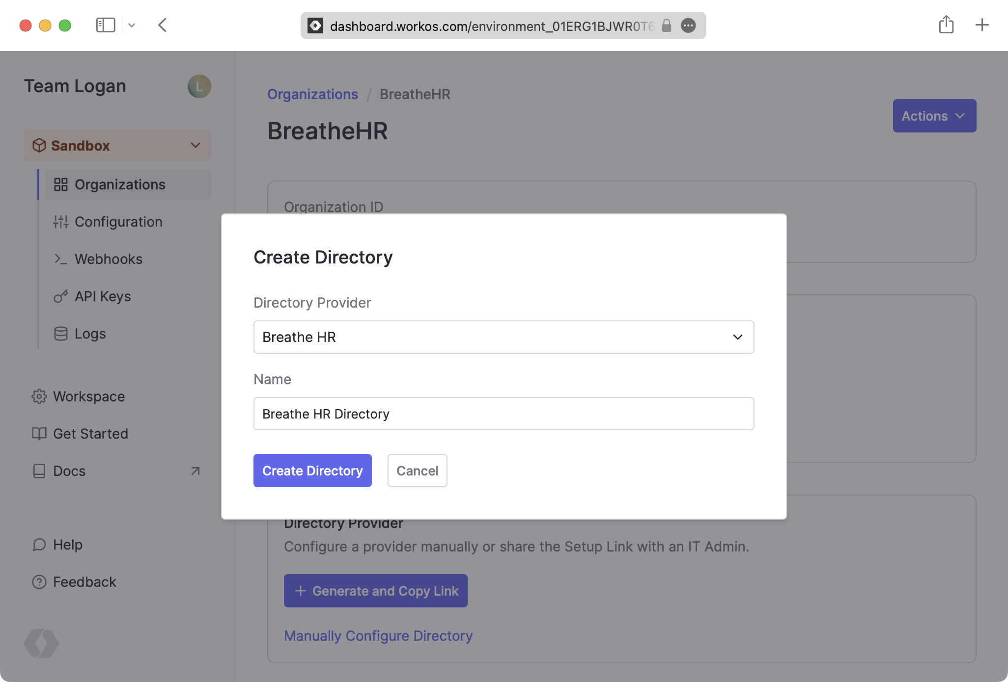 A screenshot showing the configuration of the "Create Directory" modal to create a Breathe HR Directory in the WorkOS dashboard.