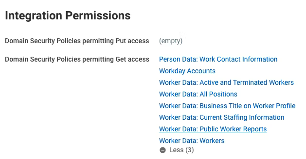 A screenshot showing Integration Permissions in the Workday Dashboard.