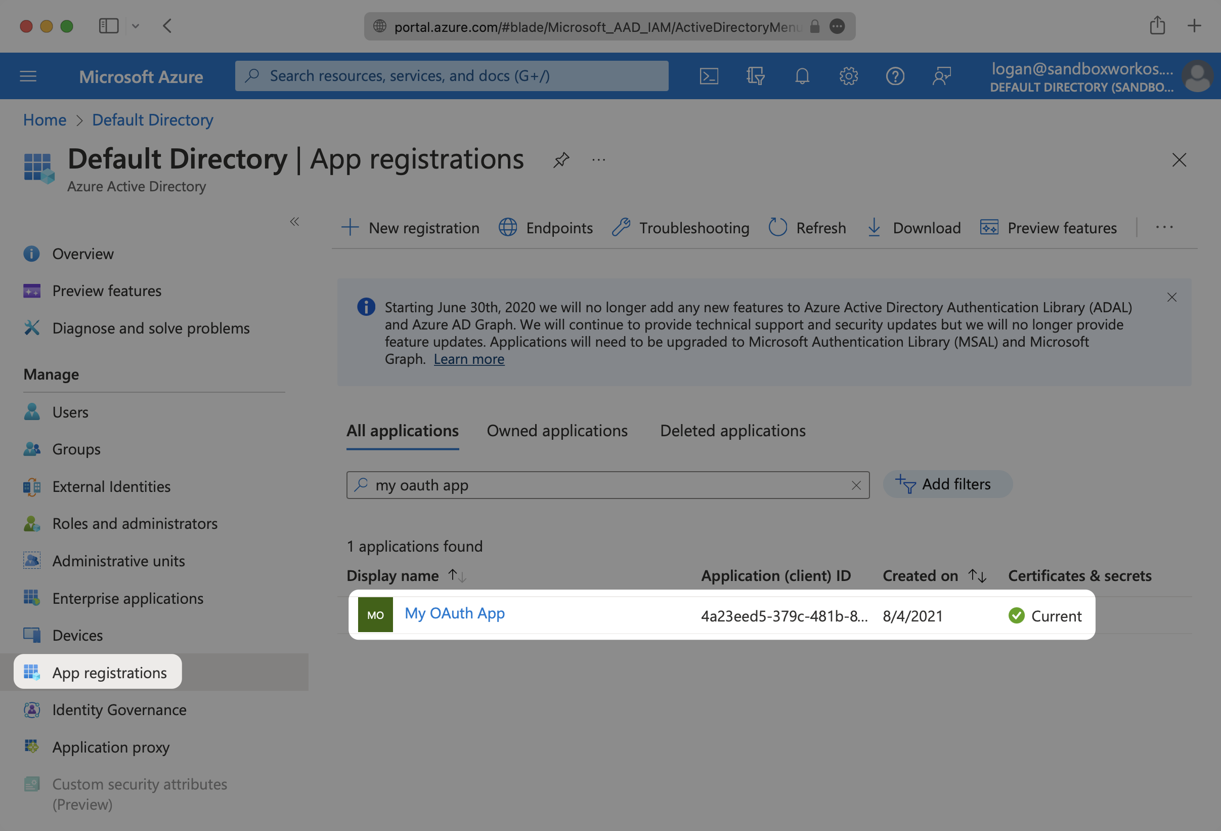 A screenshot showing where to select an application in the Azure Portal.