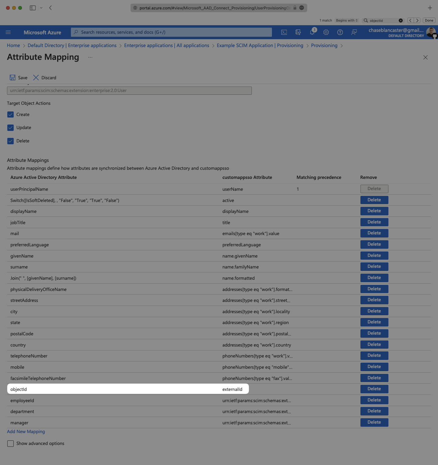A screenshot showing where to ensure "objectId" is mapped to "externalId" in the Attribute Mapping section in Azure.