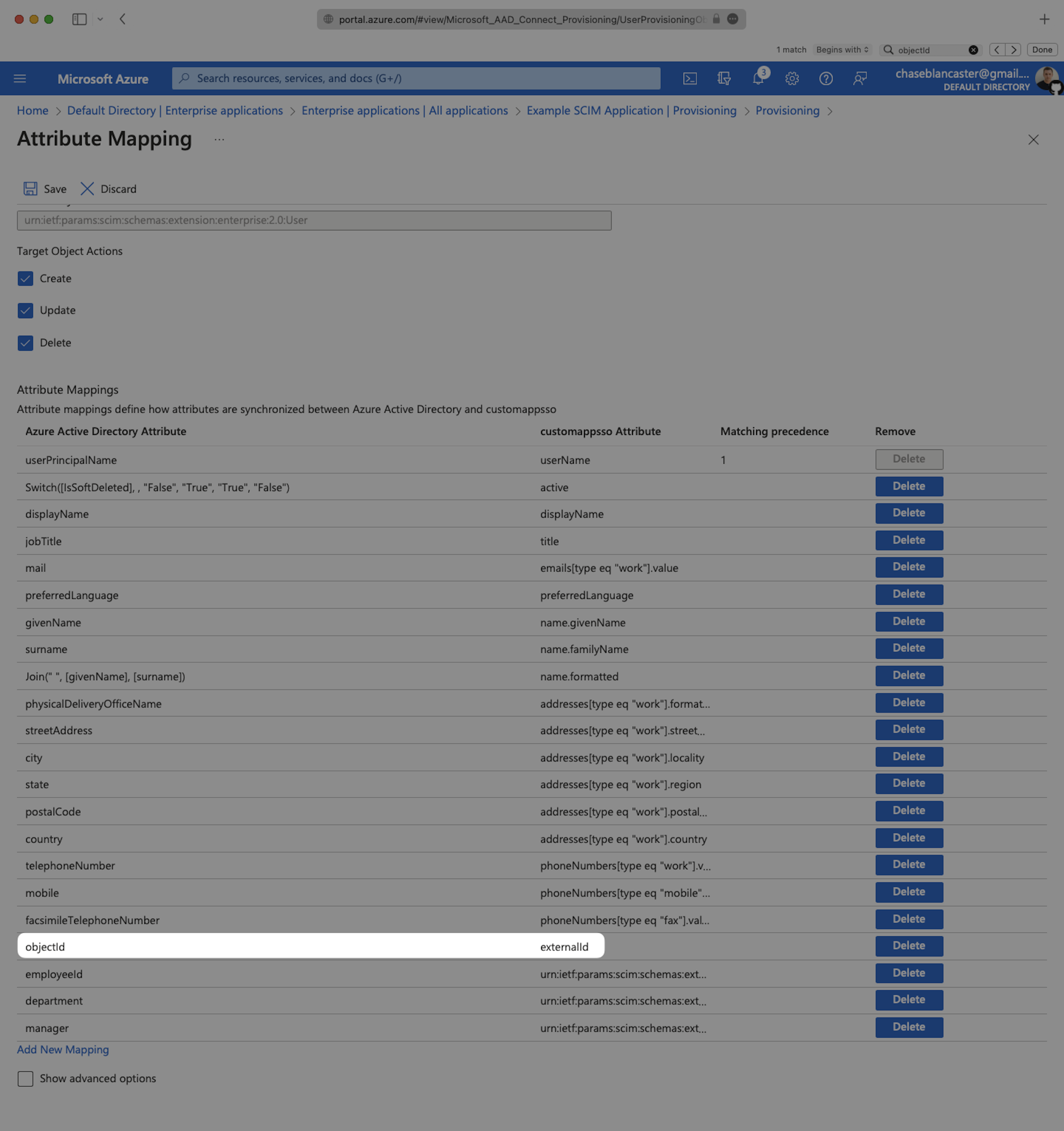 A screenshot showing where to ensure 'objectId' is mapped to 'externalId' in the Attribute Mapping section in Azure.