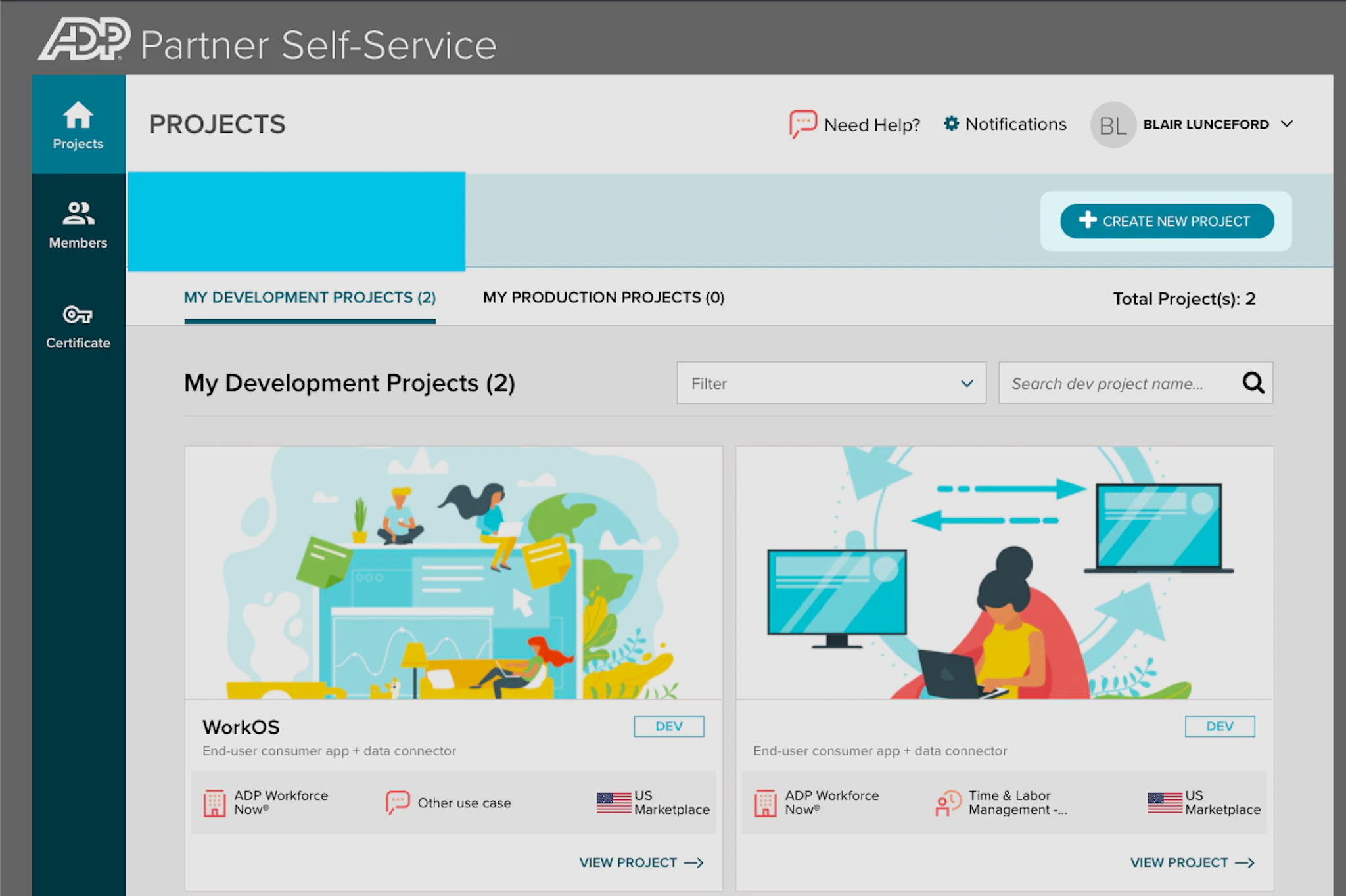 A screenshot showing the Projects Overview page in the ADP Partner Self Service Portal.