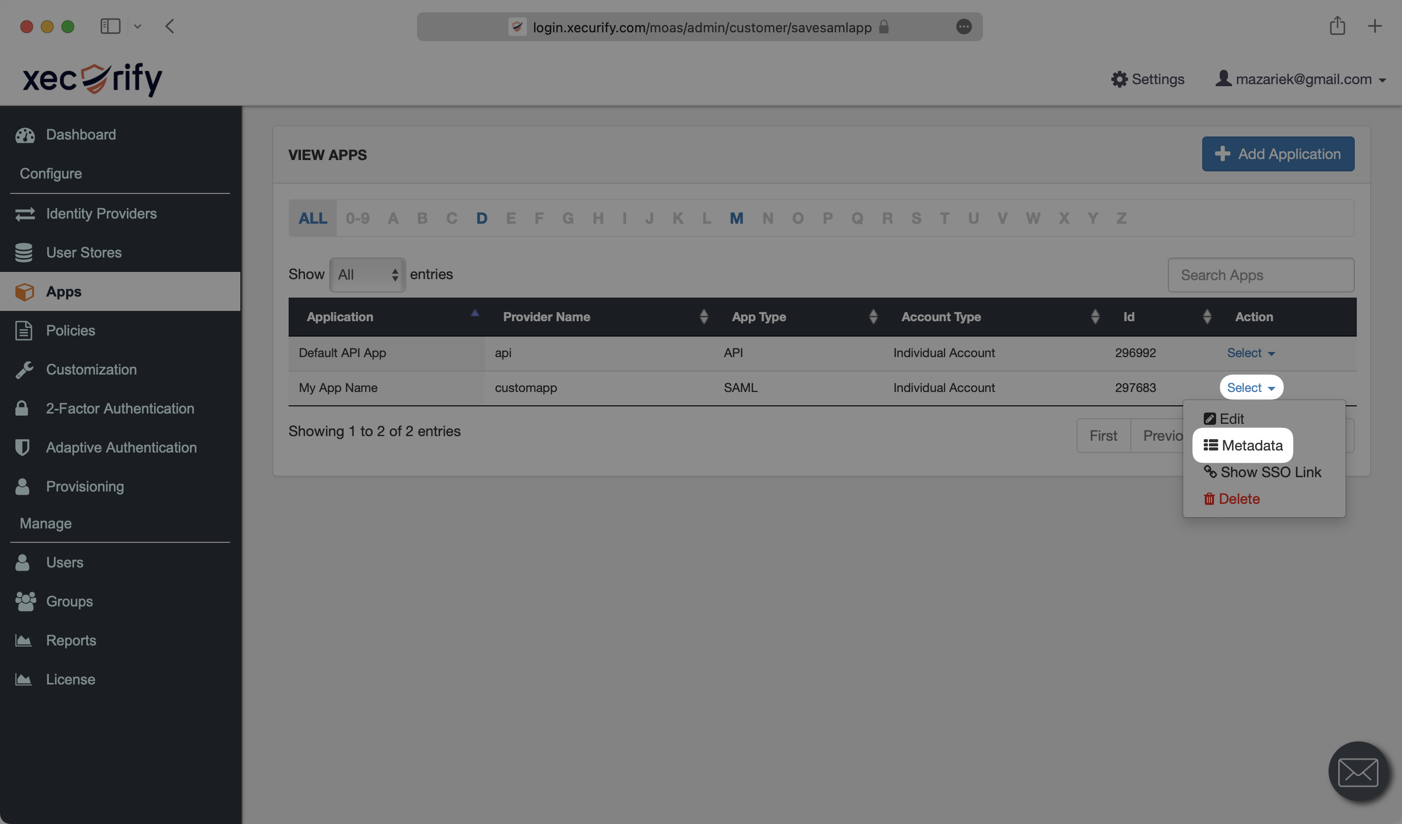 A screenshot highlighting where to select "Metadata" in the miniOrange dashboard.