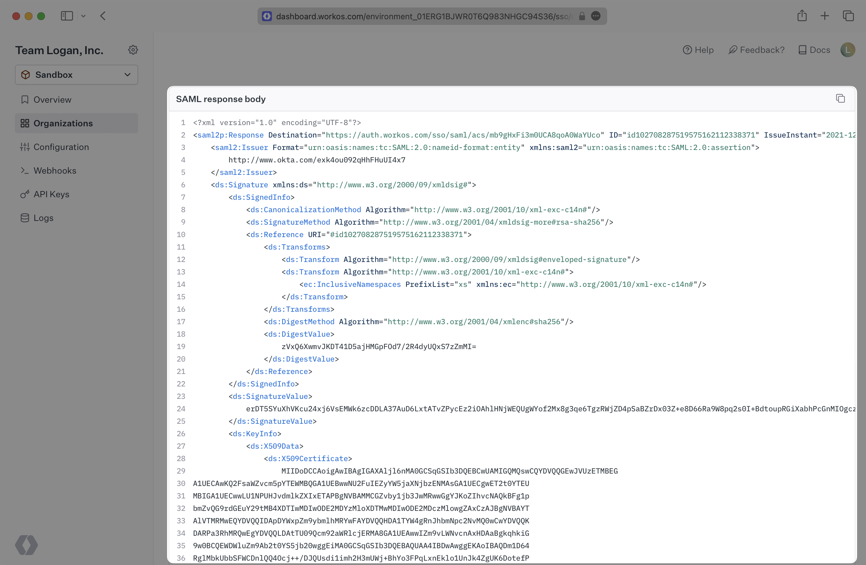 A screenshot showing a SAML Response in the WorkOS Dashboard.