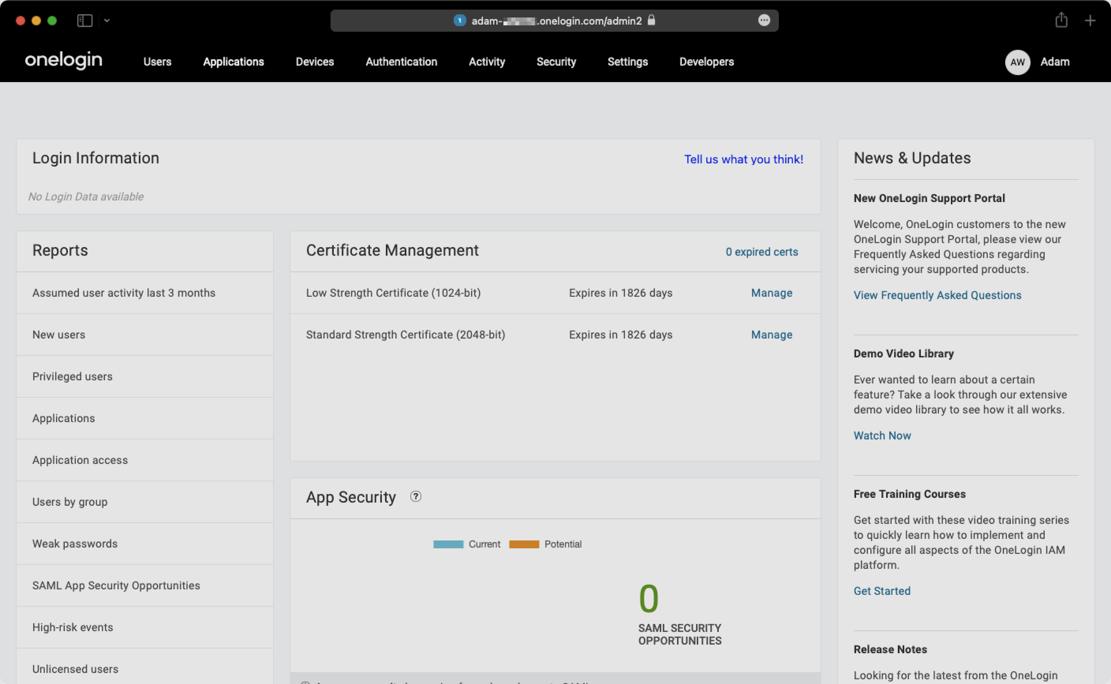 A screenshot showing where to select 'Applications' in the OneLogin dashboard.