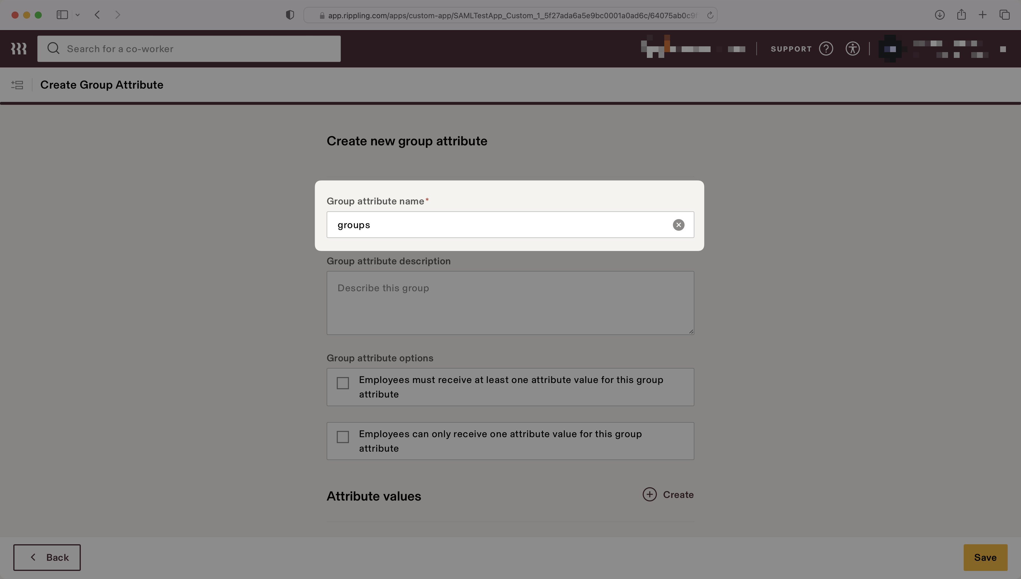 A screenshot showing what to name a group attribute in the Rippling dashboard.