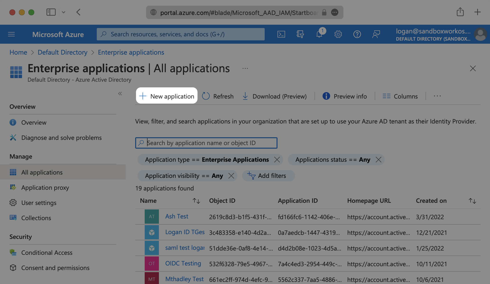 A screenshot showing where to select "New Application" in the Azure dashboard.