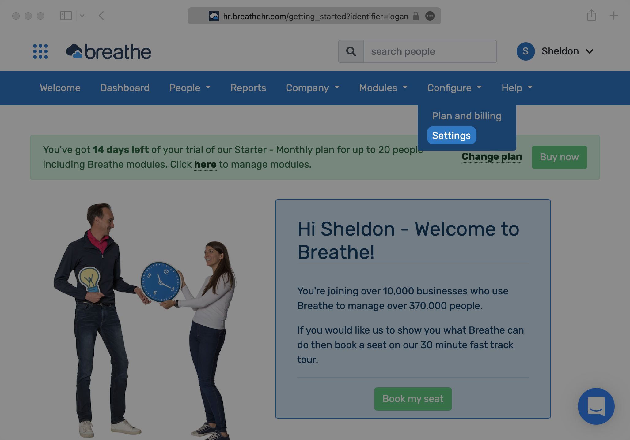 A screenshot showing where to select "Settings" in the Breathe HR dashboard.