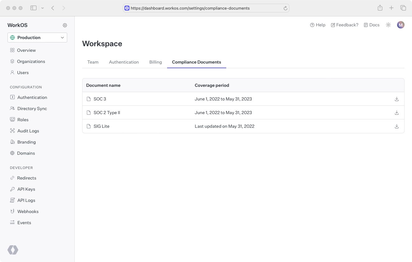 A screenshot showing Compliance Documents in the WorkOS dashboard.