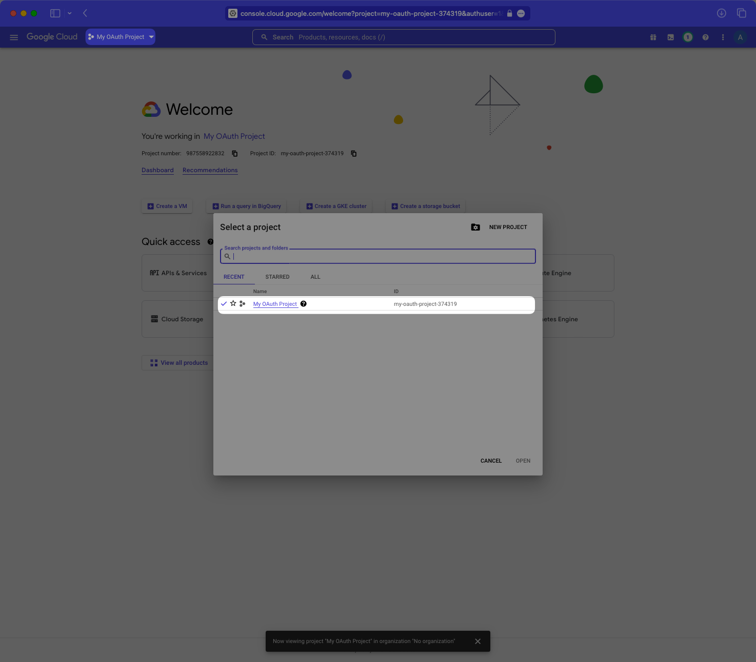 A screenshot showing how to select your application in the Google Cloud Platform Console Dashboard.