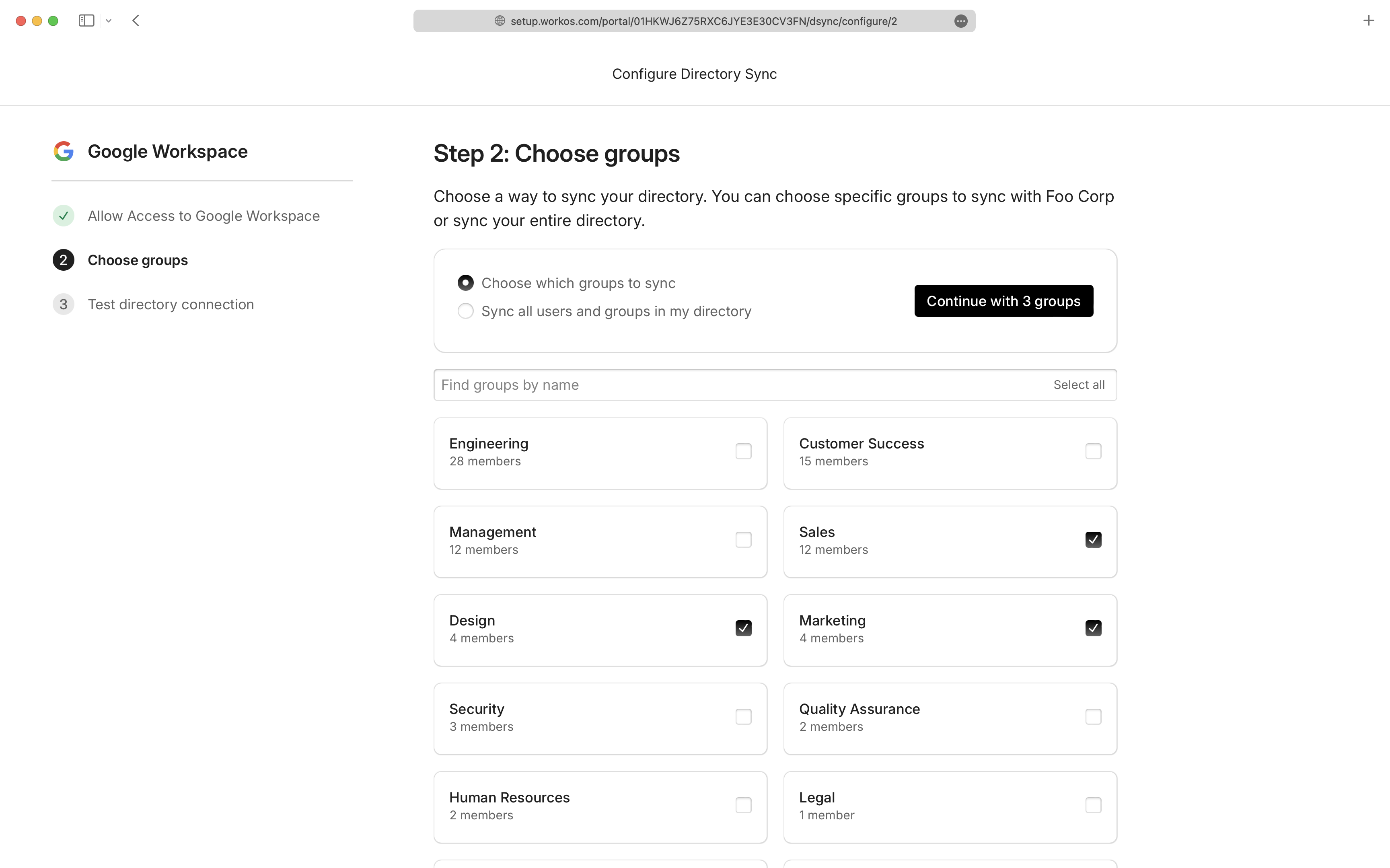 A screenshot showing the setup screen with how to filter groups to sync.