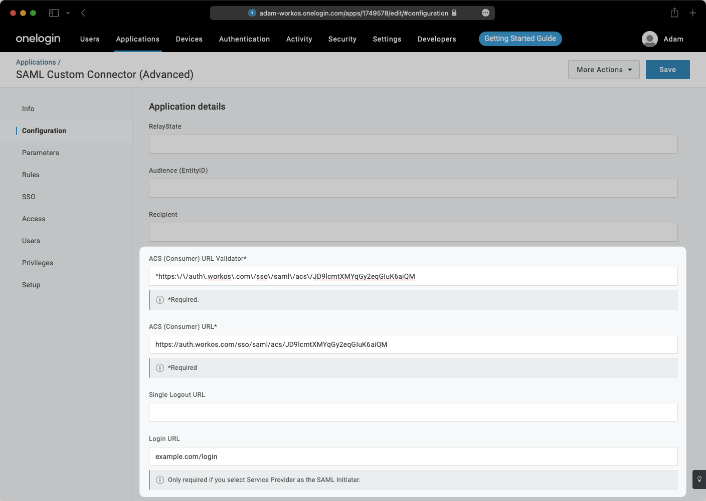 A screenshot showing how to configure URLs in your OneLogin SAML Application within the OneLogin Dashboard.