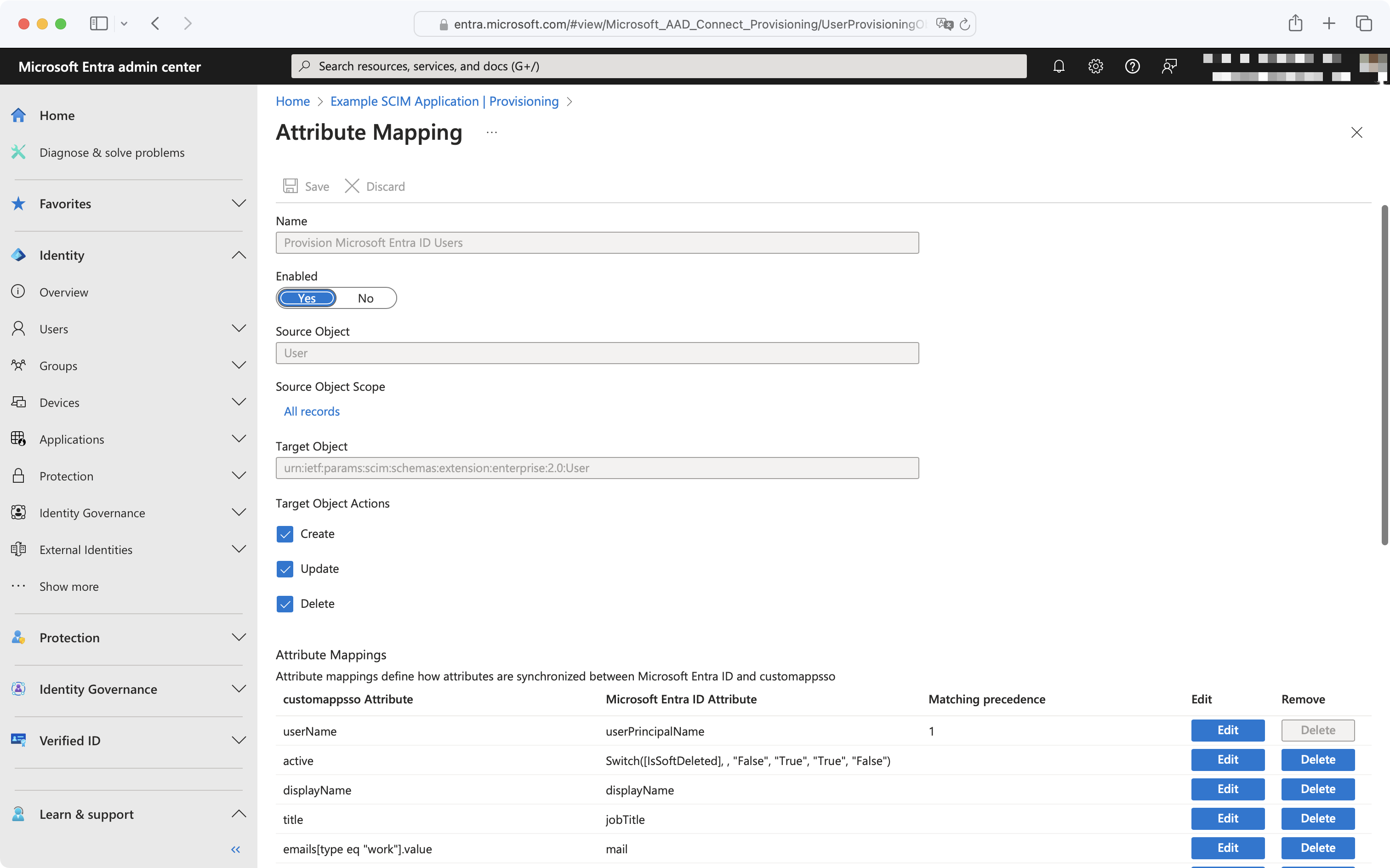 Microsoft Entra attribute mapping settings