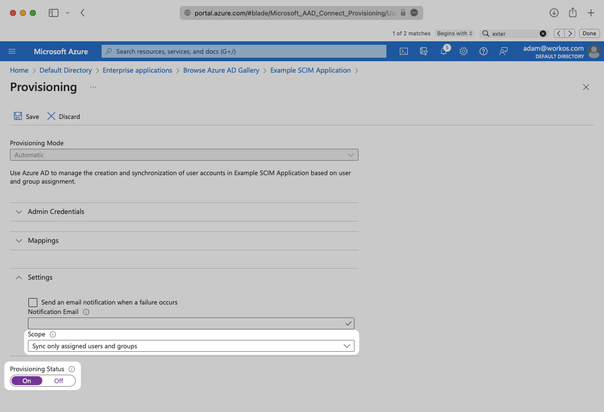 Confirm Provisioning Status is On and that Scope is set to Sync only assigned users and groups