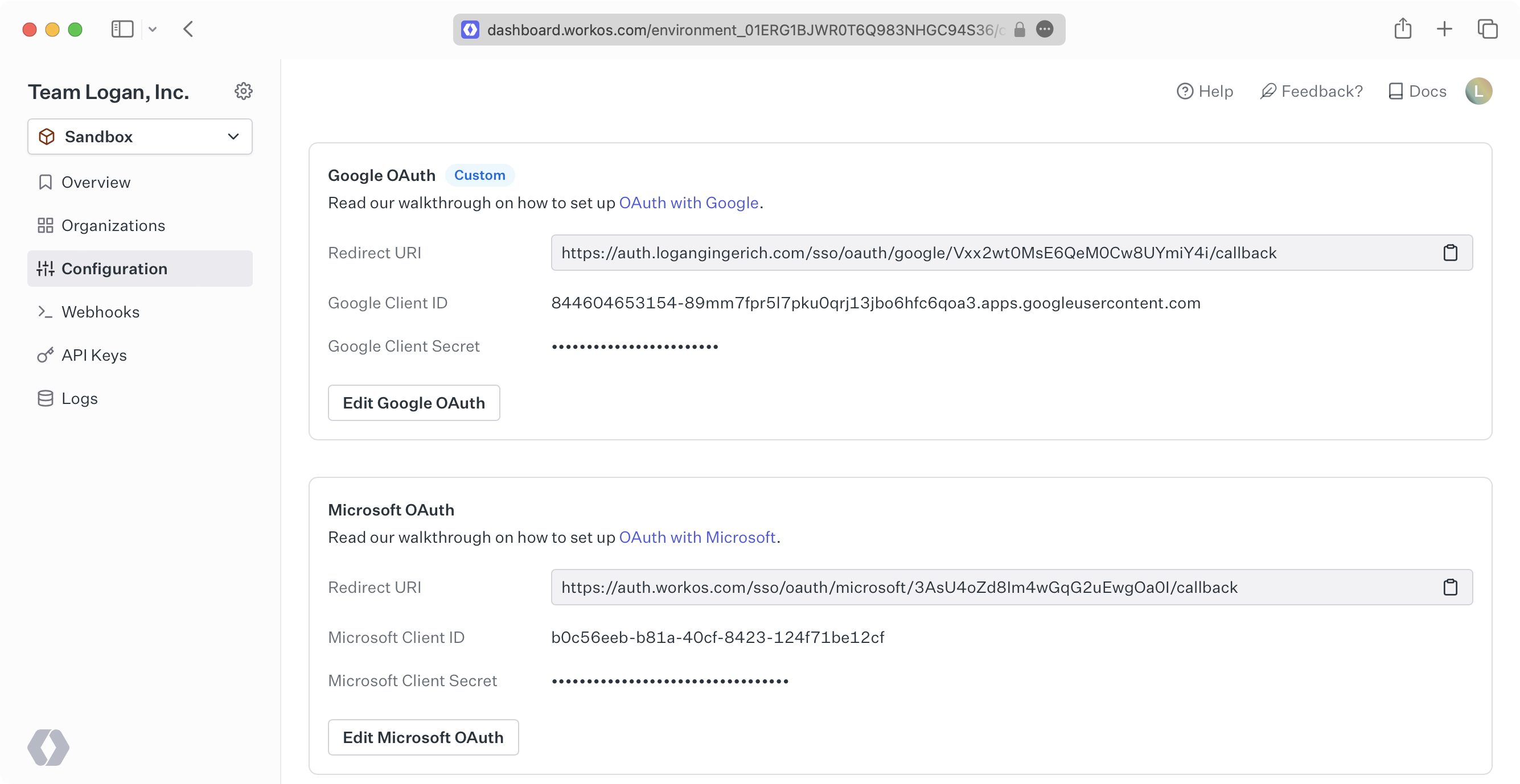 A screenshot showing global OAuth providers in the WorkOS Dashboard.