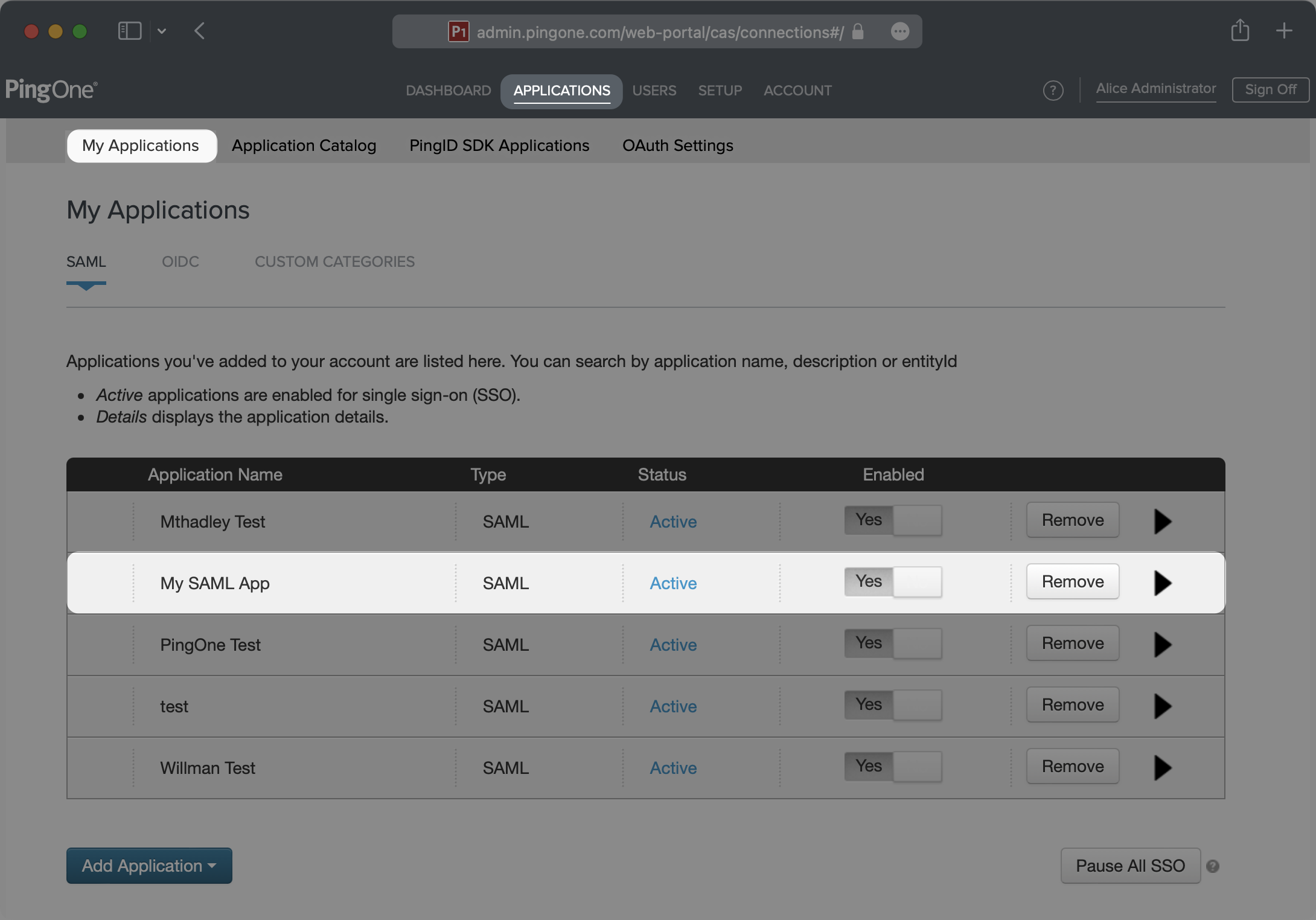 A screenshot showing where to select a SAML app in PingOne.