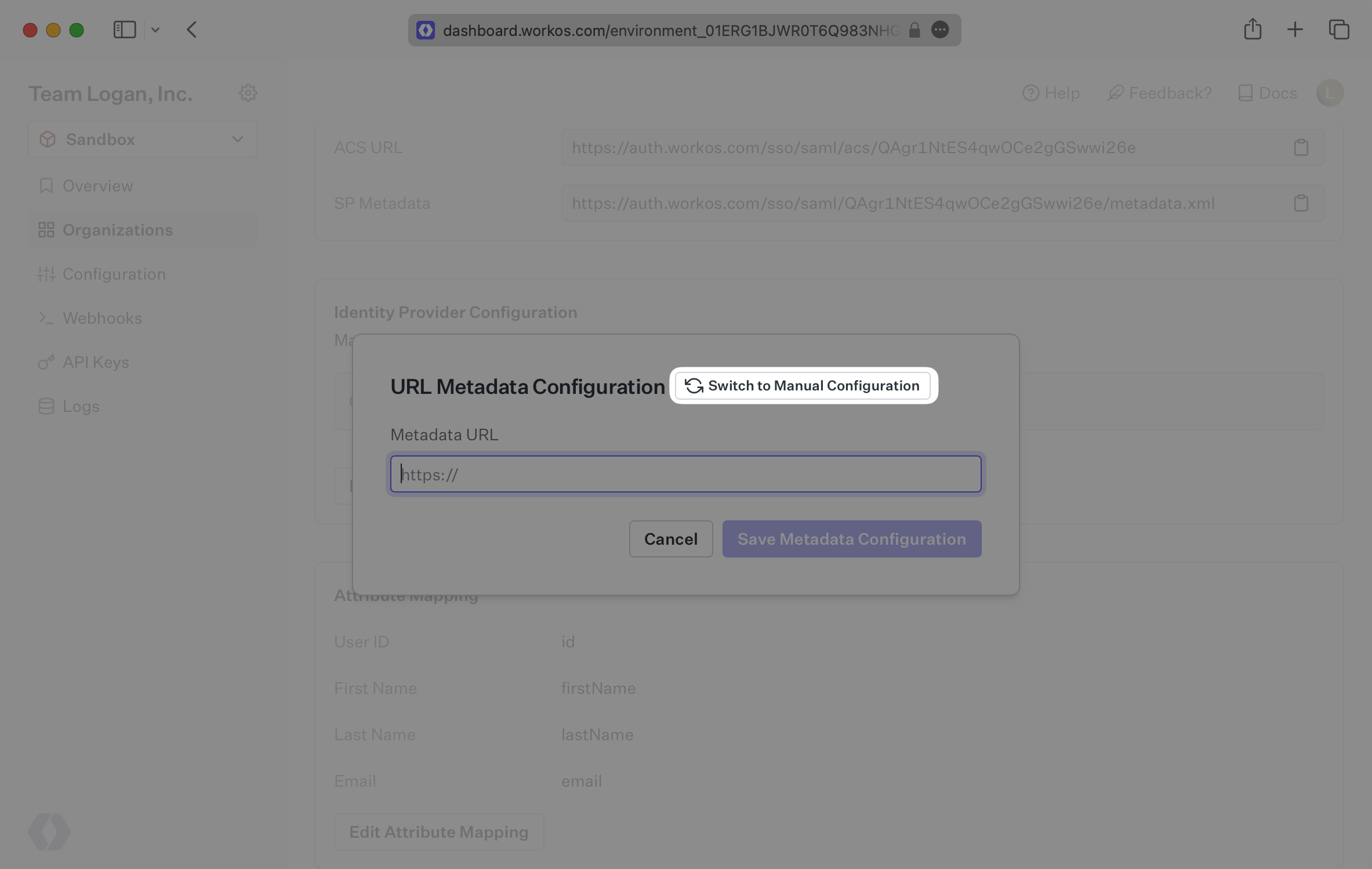 A screenshot highlighting the "Switch to Manual Confifuration" button on the URL Metadata Configuration modal of a CAS SAML connection in the WorkOS Dashboard.