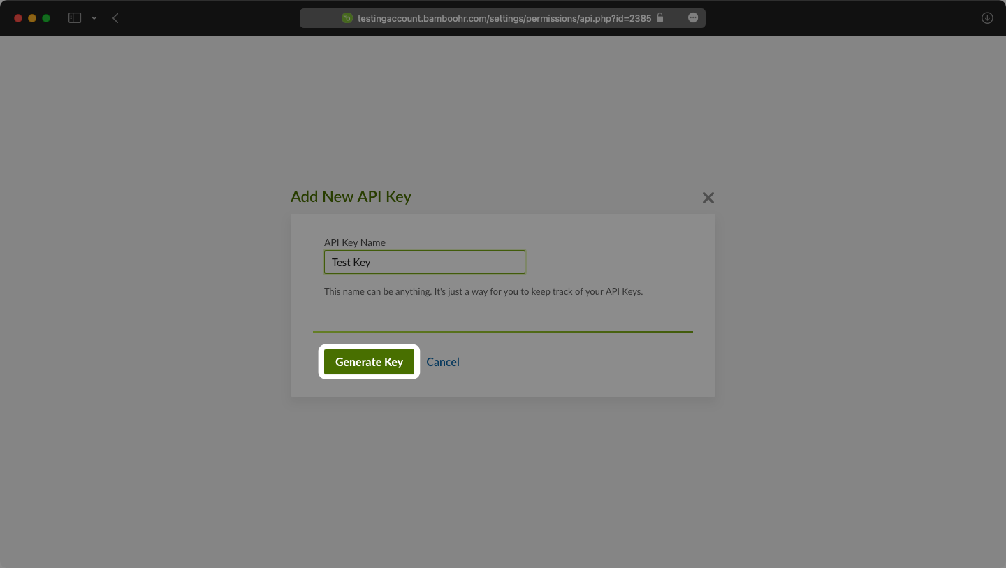 A screenshot showing where to find "Generate Key" in the BambooHR Dashboard.