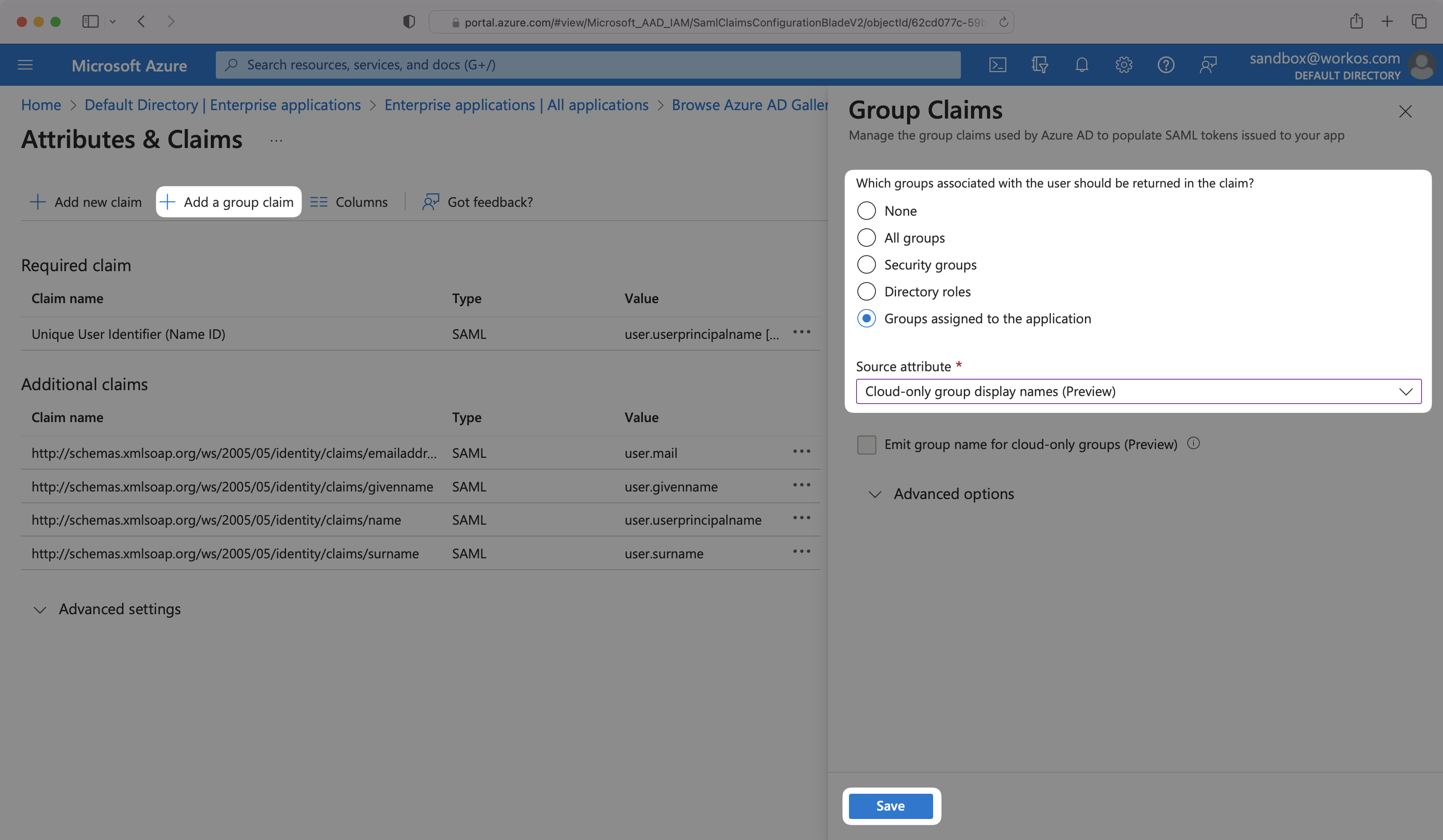 A screenshot showing how to add a groups claim to your SAML app in the Azure dashboard.