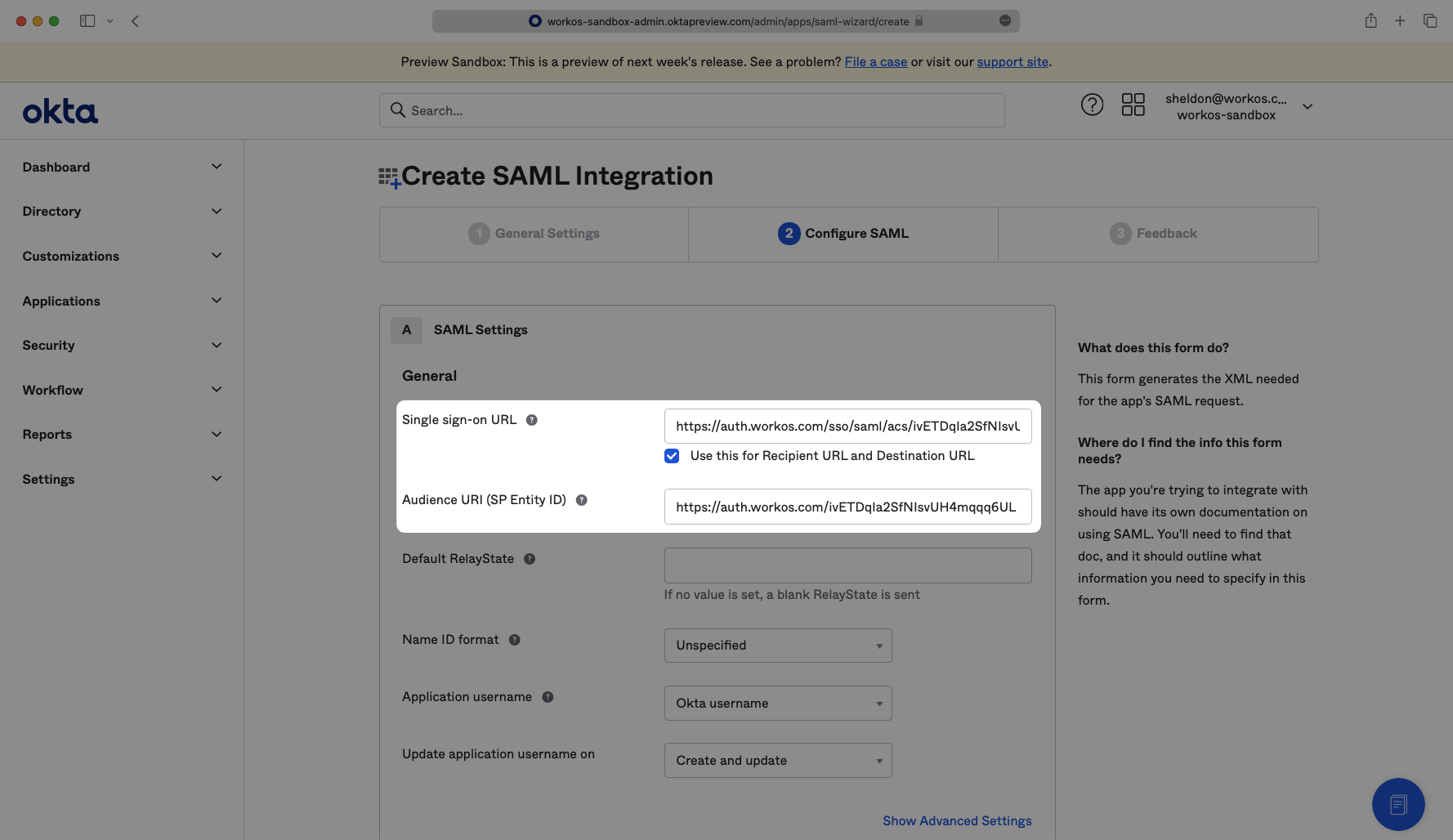 A screenshot showing where to place the WorkOS Single Sign-On URL and SP Entity ID in the Okta Dashboard.