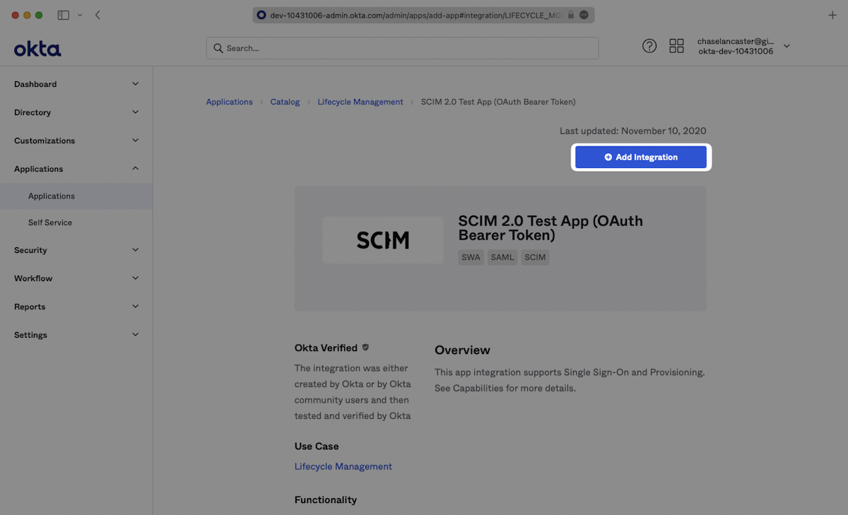 A screnshot showing where to click "Add" in the SCIM 2.0 Test App (OAuth Bearer Token) overview page in Okta.