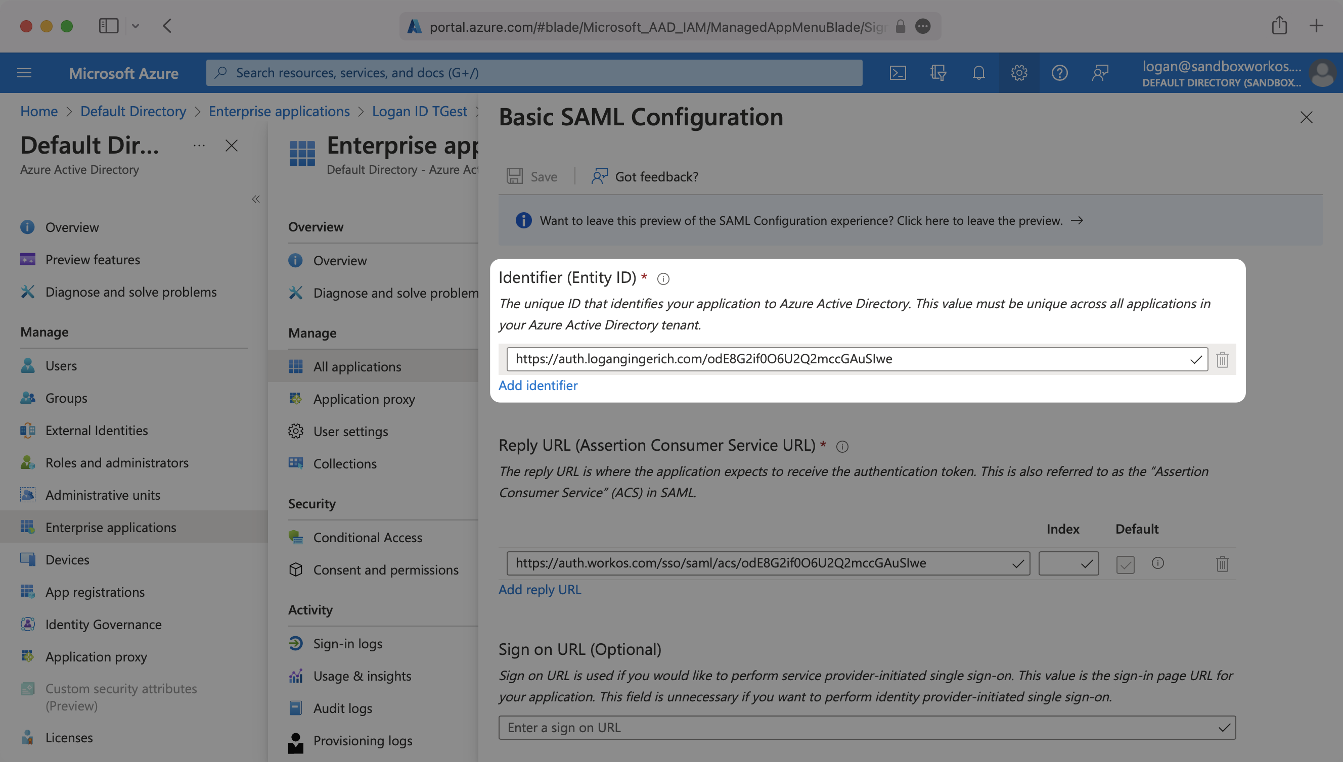 A screenshot showing the location to place the WorkOS Entity ID in the Azure Dashboard.