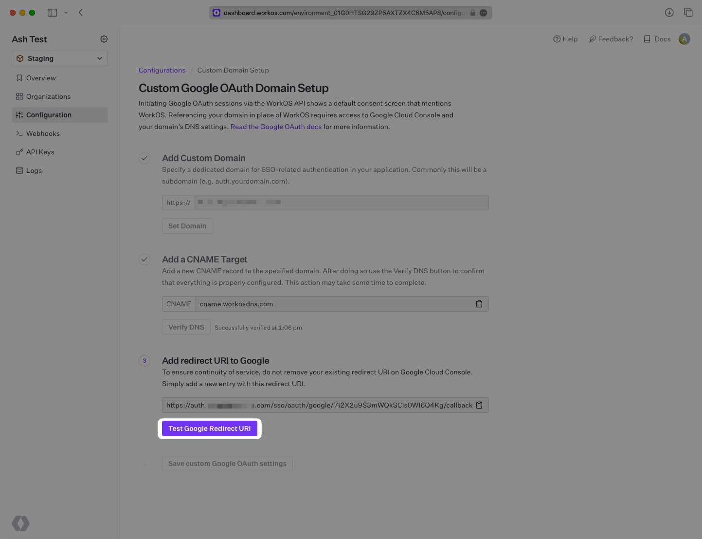 A screenshot showing the "Test Google Redirect URI" button in the WorkOS Dashboard.