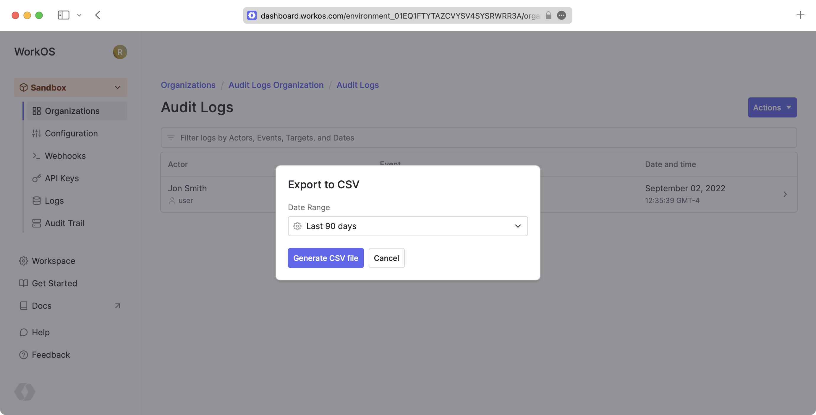 WorkOS Dashboard – Audit Log Export