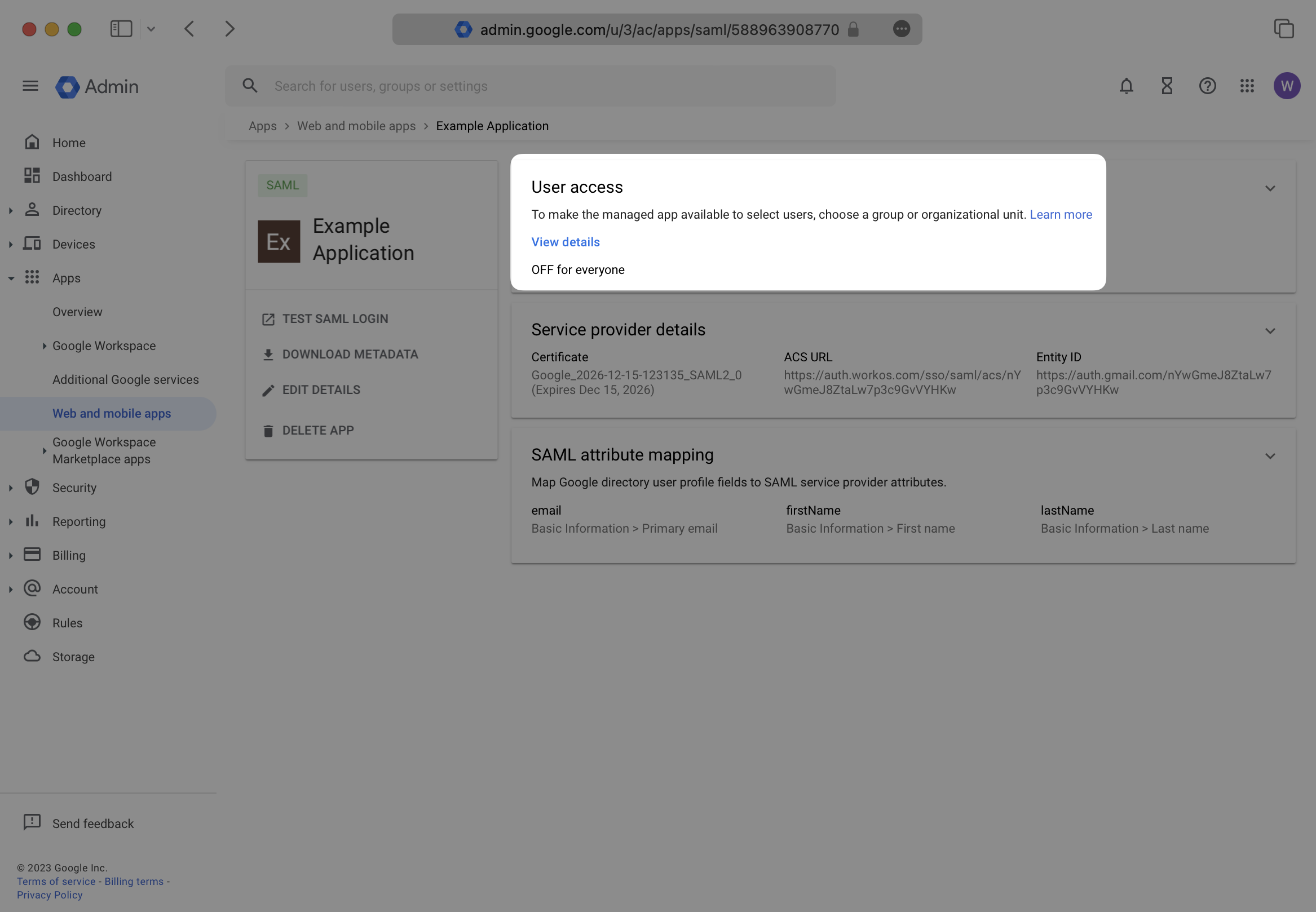 A screenshot showing where to find the "User Access Section" in the Google Dashboard.