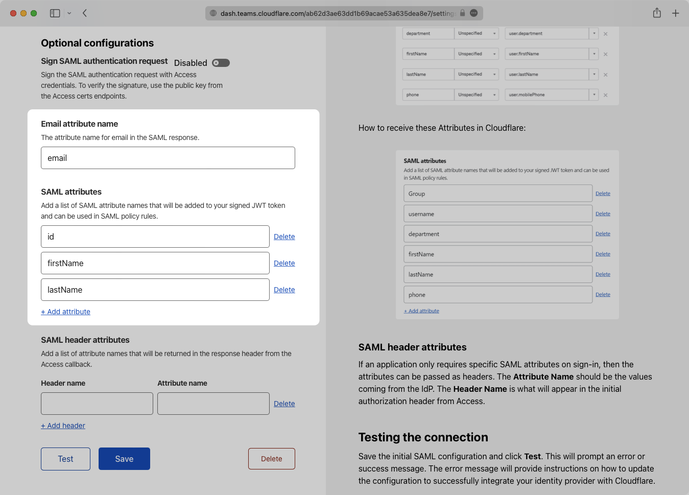 A screenshot showing how to configure SAML attributes in Cloudflare Access.
