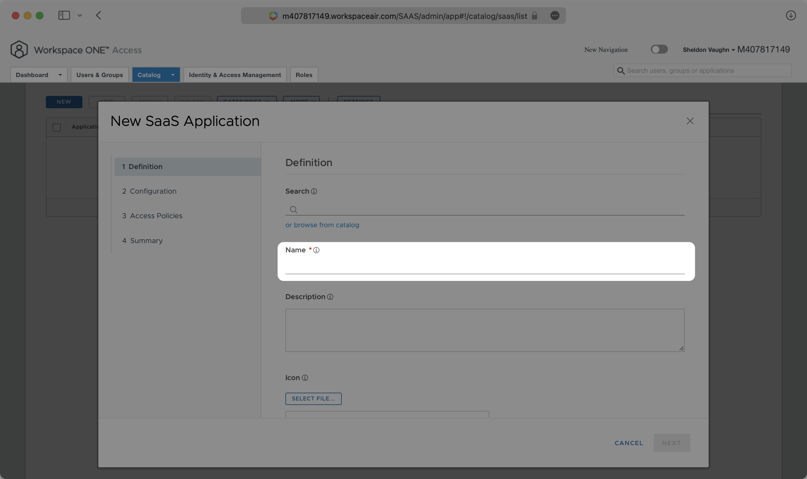 A screenshot showing how to create new application in VMWare.