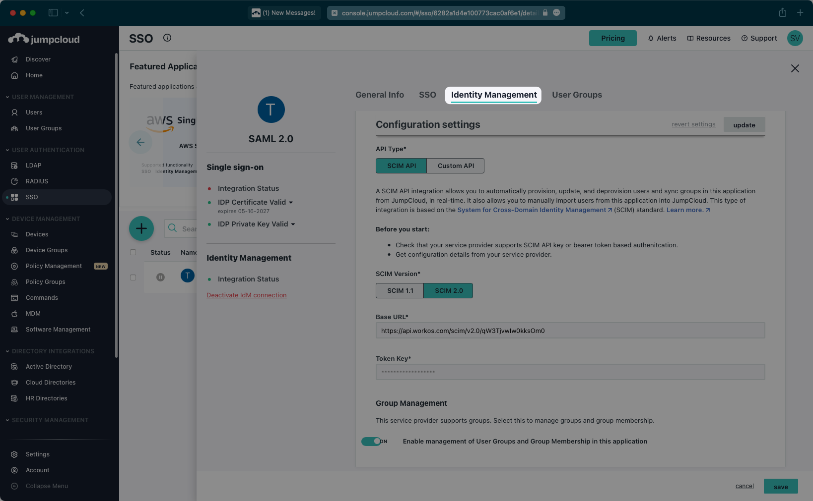 A screenshot highlighting the "SSO" tab and app selection in the JumpCloud admin dashboard.