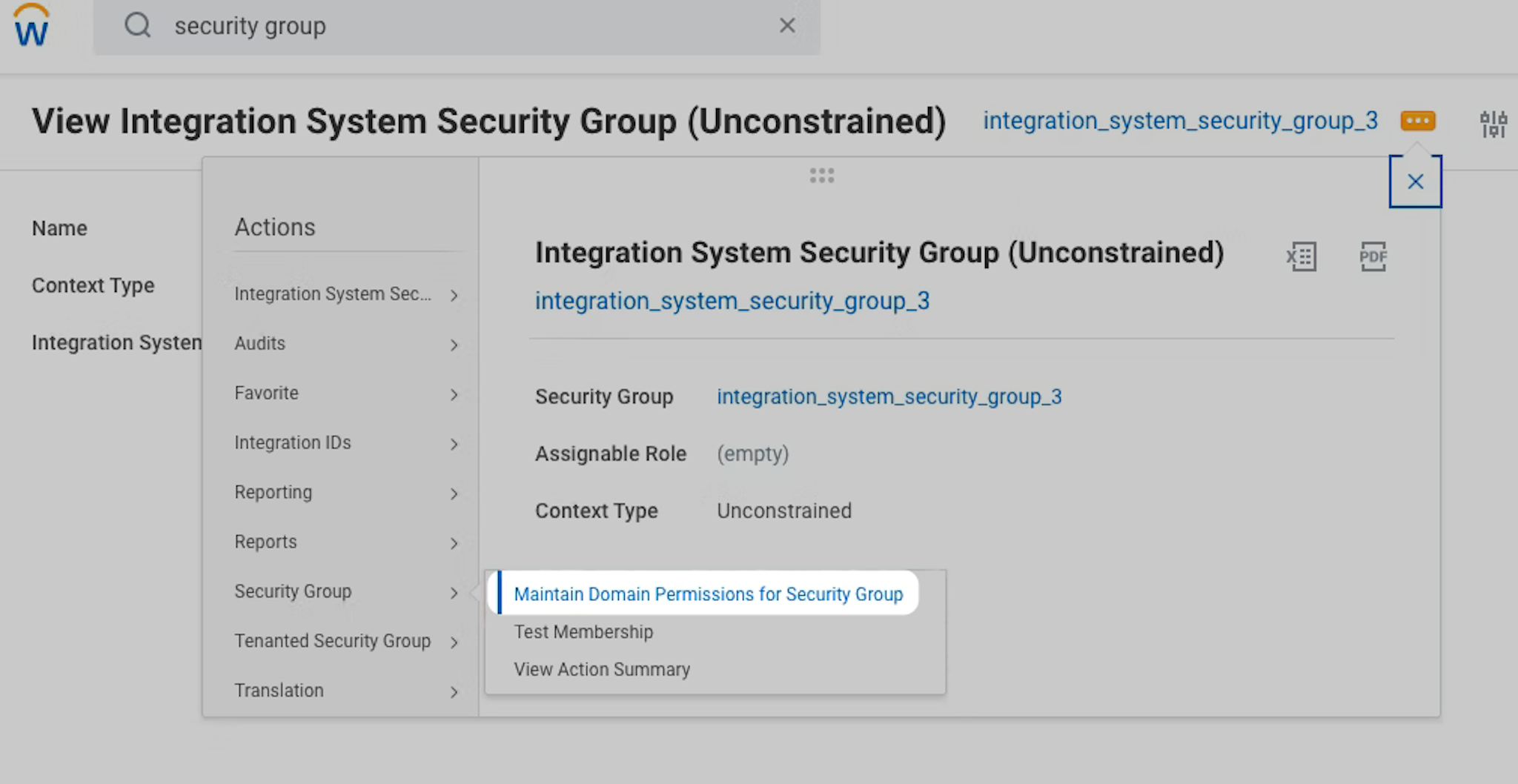 A screenshot showing where to find the "Maintain Domain Permissions for Security Group" option in the Workday Dashboard.