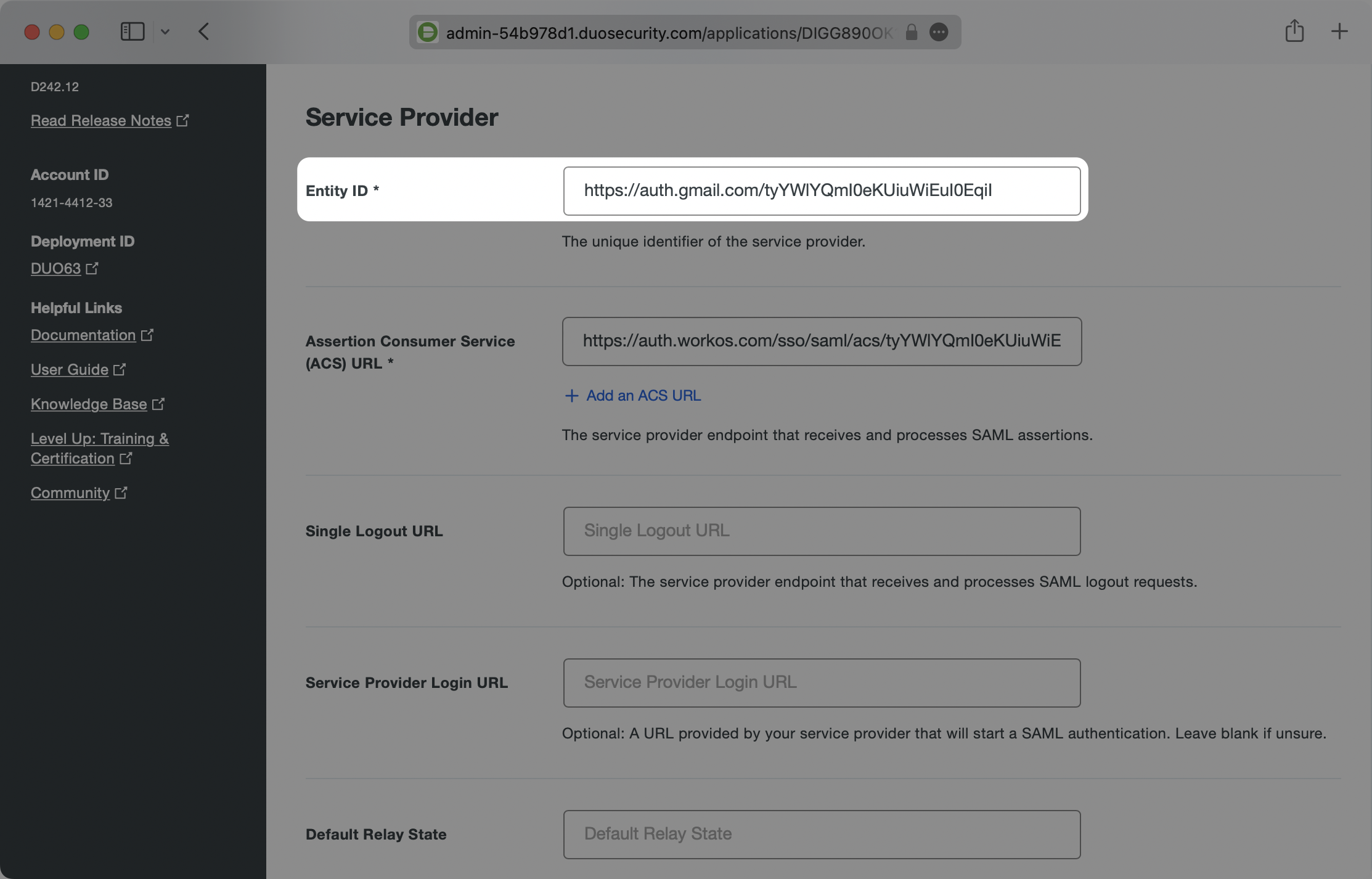 A screenshot showing where to input the Entity ID in Duo settings.