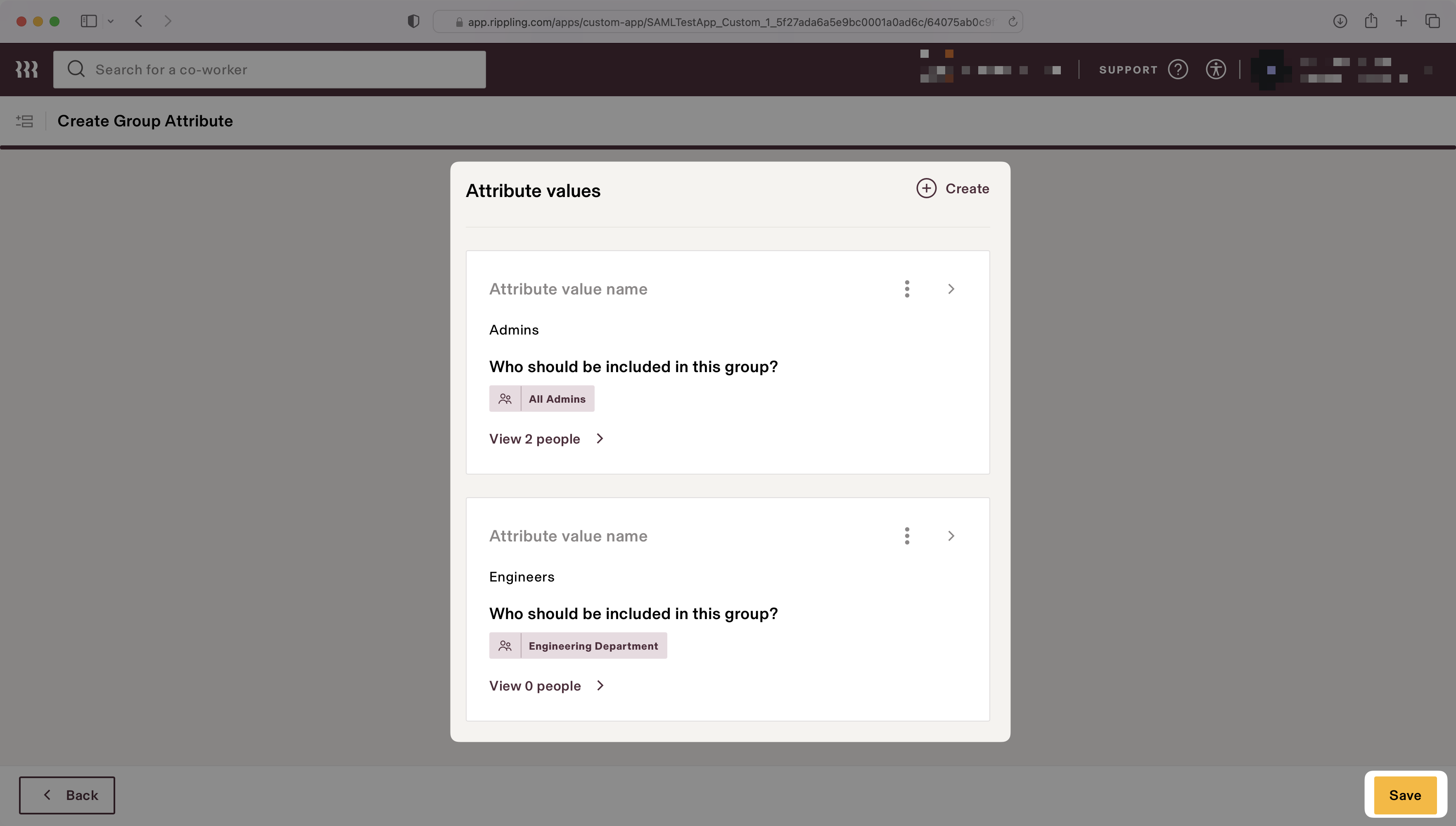 A screenshot showing how to map the group attribute for Admins in the Rippling dashboard.