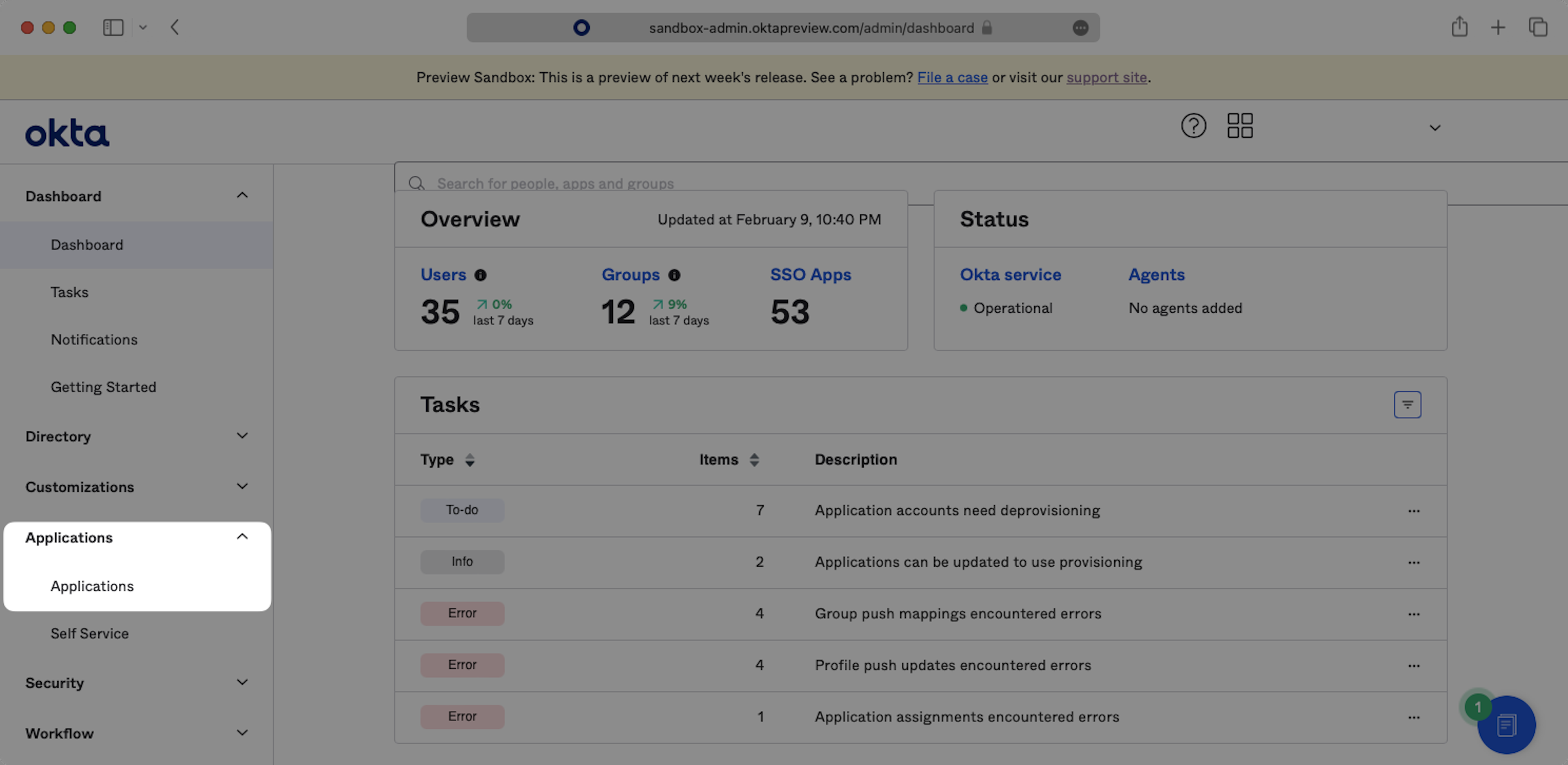A screenshot showing where to select 'Applications' in the Okta dashboard.