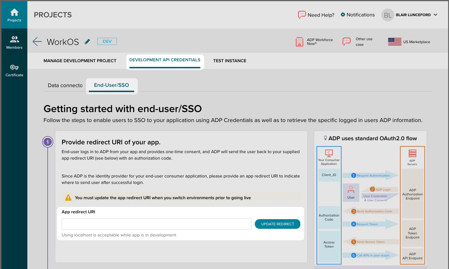 A screenshot showing where to place the WorkOS Single Sign-On URL and SP Entity ID in the ADP Partner Self Service Portal.