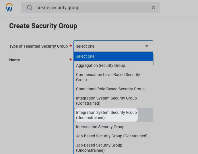 A screenshot showing the "Create Security Group" form in the Workday Dashboard.