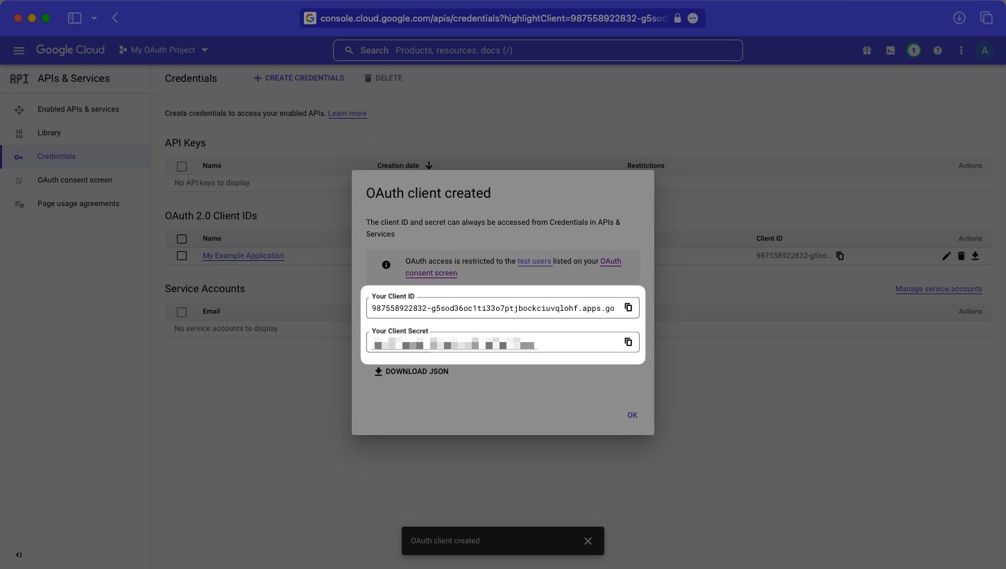 A screenshot showing the Client ID and Client Secret in the Google Cloud Platform Console Dashboard.