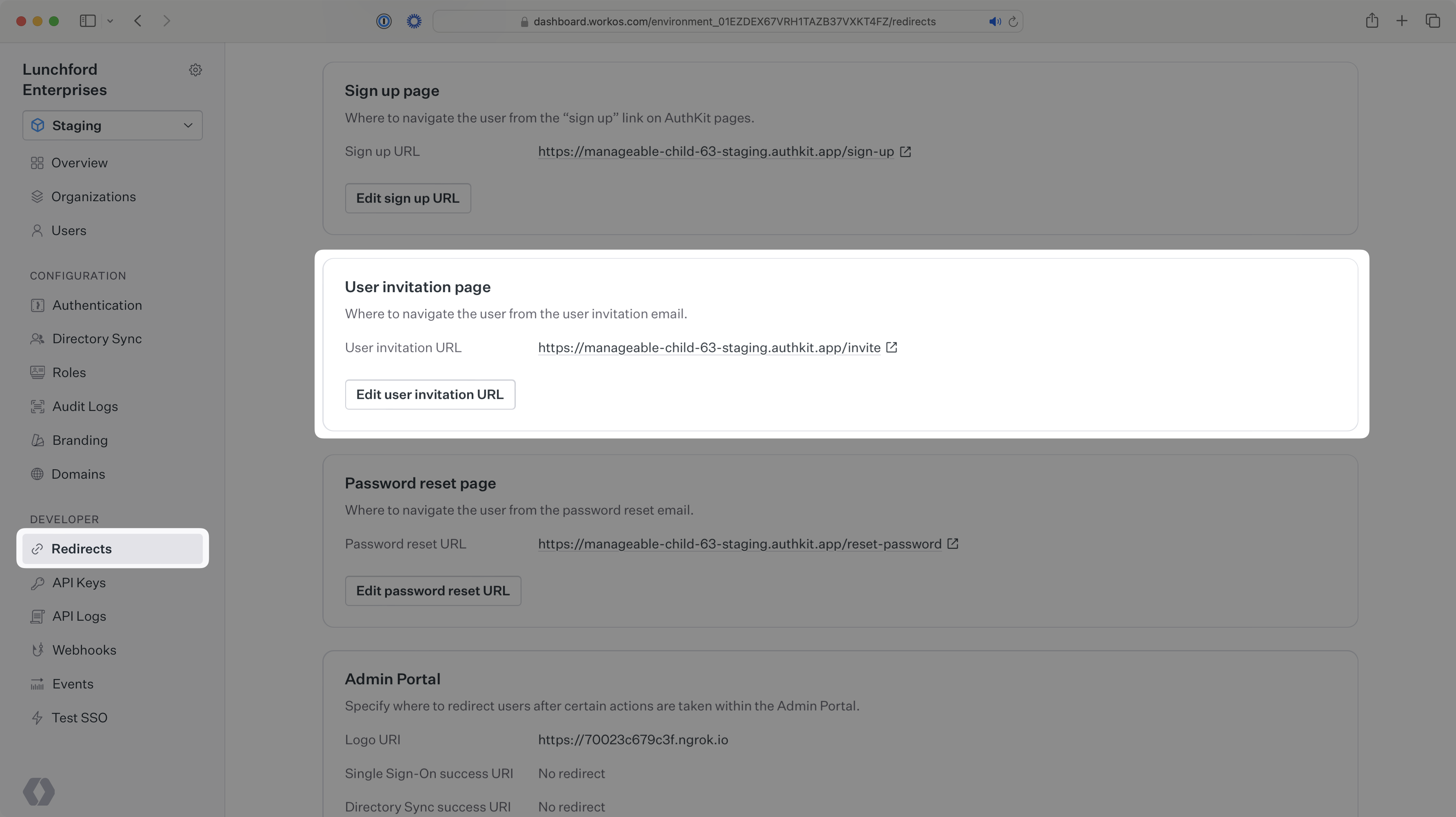 A screenshot showing the WorkOS Dashboard configuration card for user invitation URL