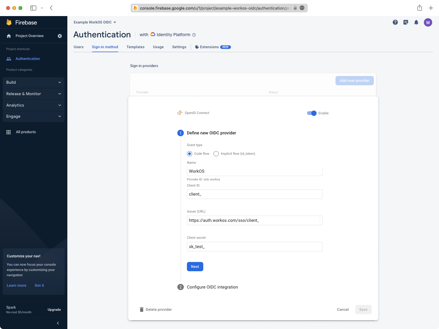 A screenshot showing the authentication provider configuration details in Firebase
