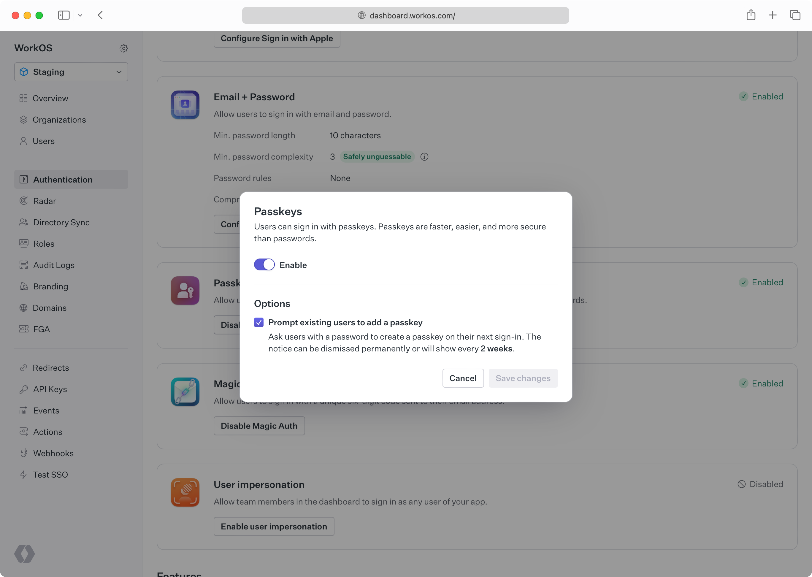 The WorkOS Dashboard displaying the configuration dialog for passkeys