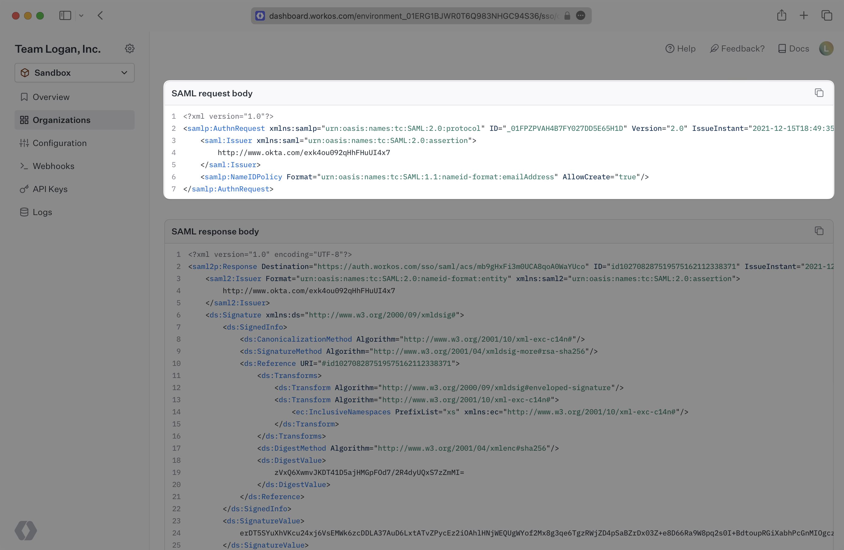 A screenshot showing a SAML Request Body in the WorkOS Dashboard.