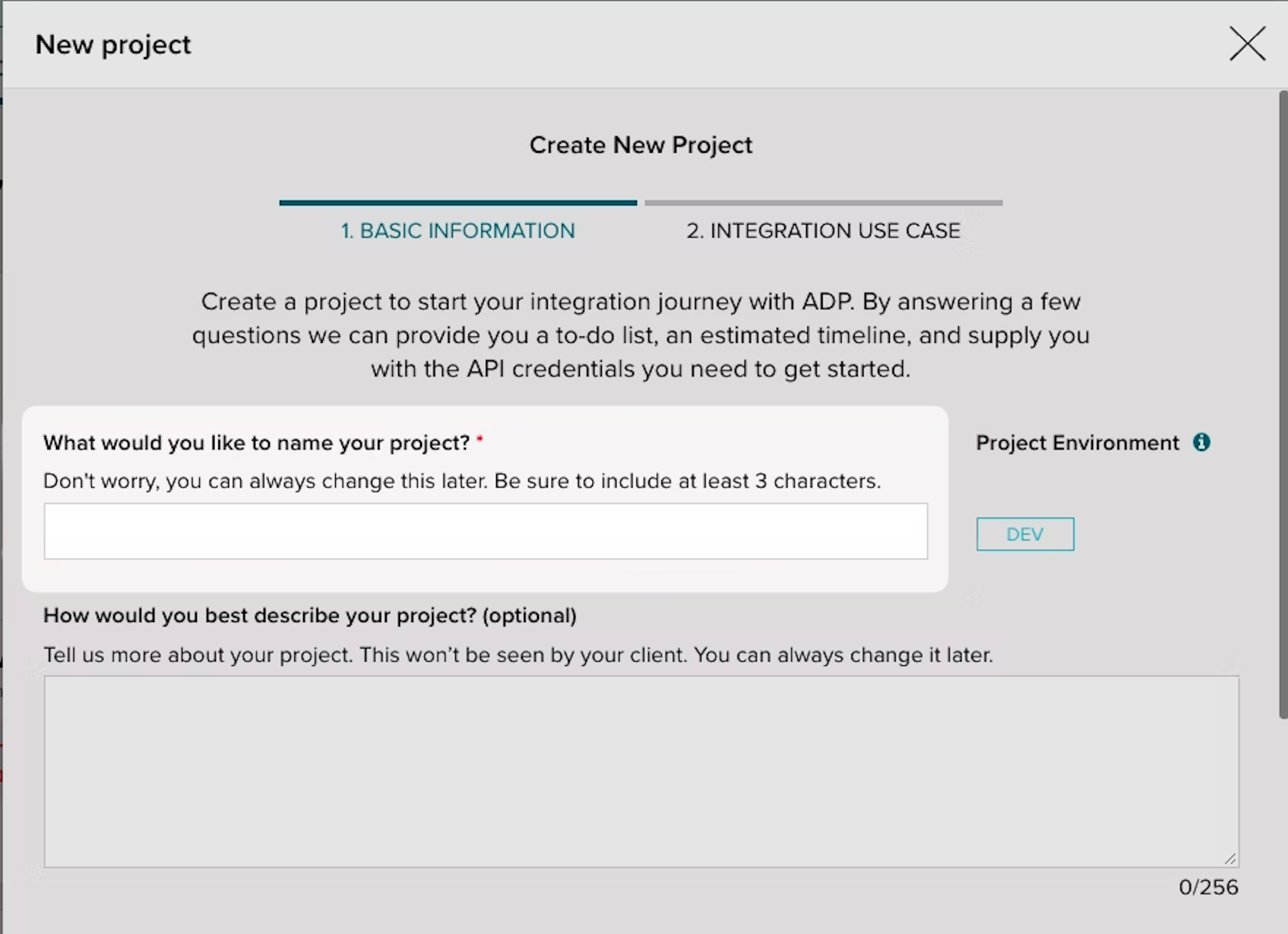 A screenshot showing the Create New Project details in the ADP Partner Self Service Portal.