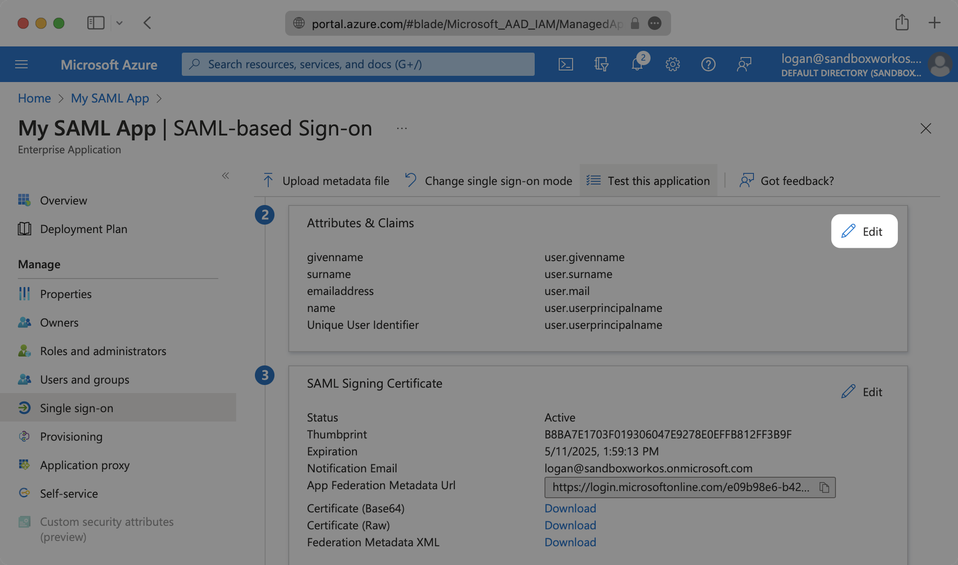 Edit Azure AD SAML Attributes