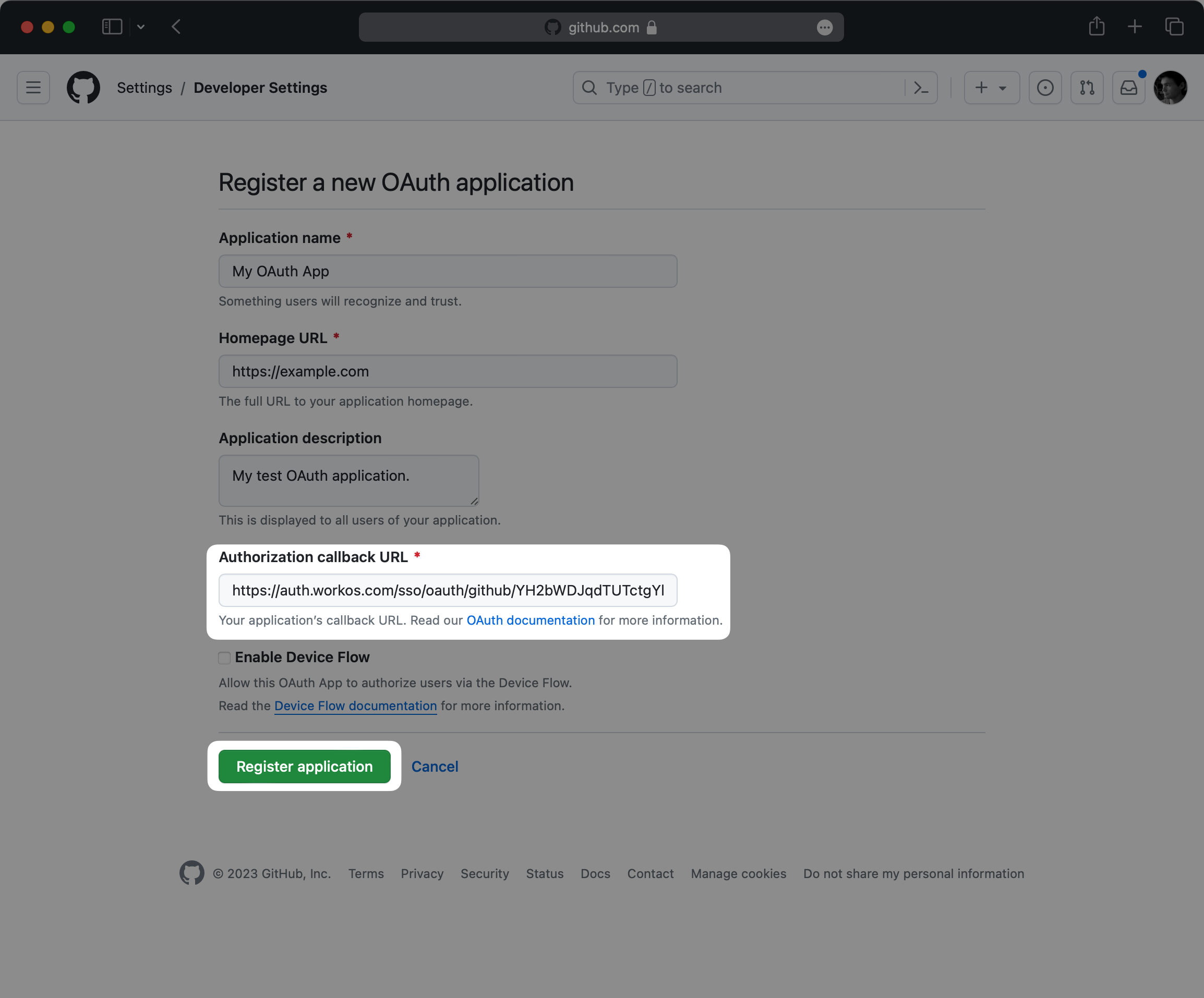 A screenshot showing the GitHub form to create a new OAuth application.